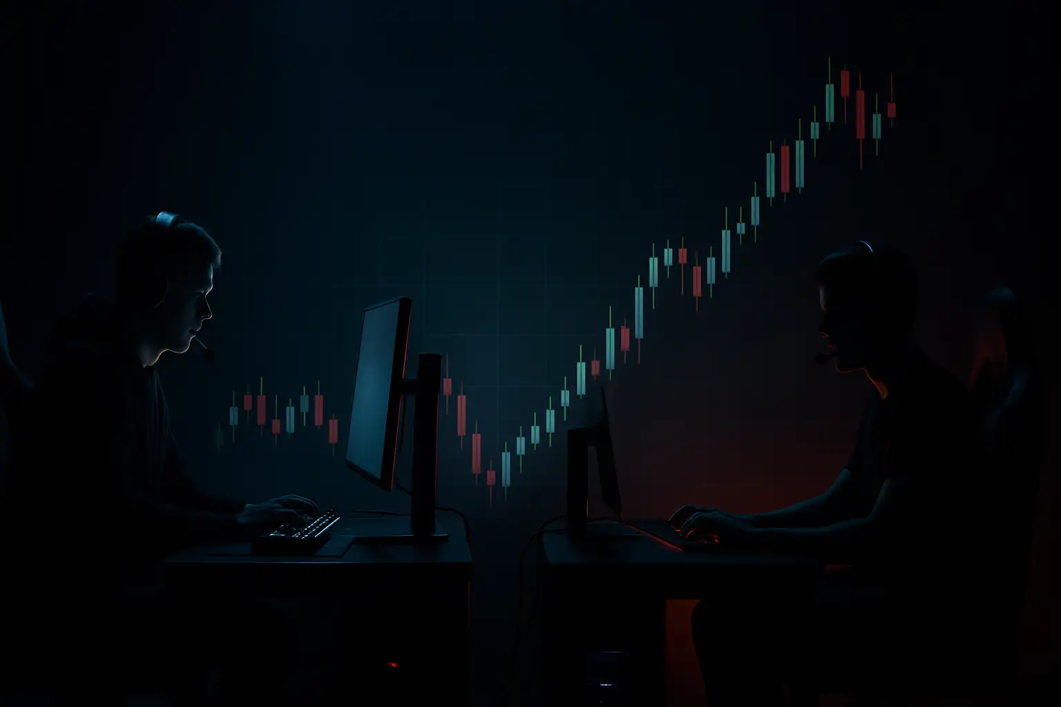 Two esports teams competing on stage with a financial market display overlay