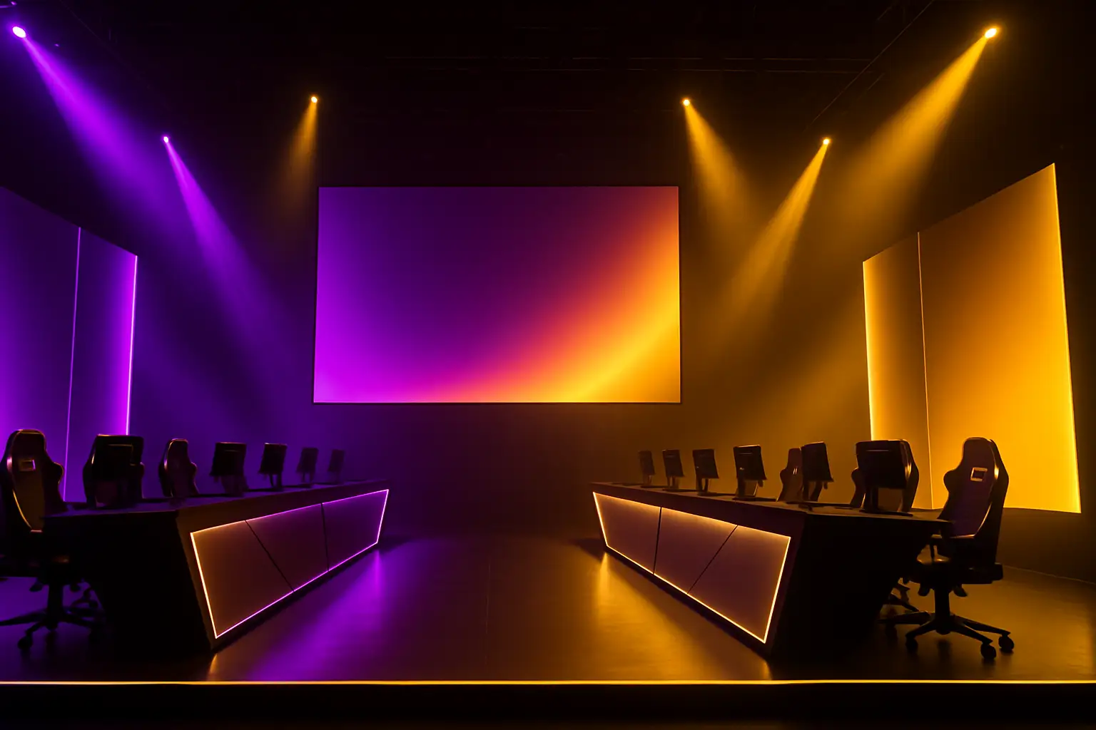 Two esports teams facing off on a large tournament stage with dramatic lighting