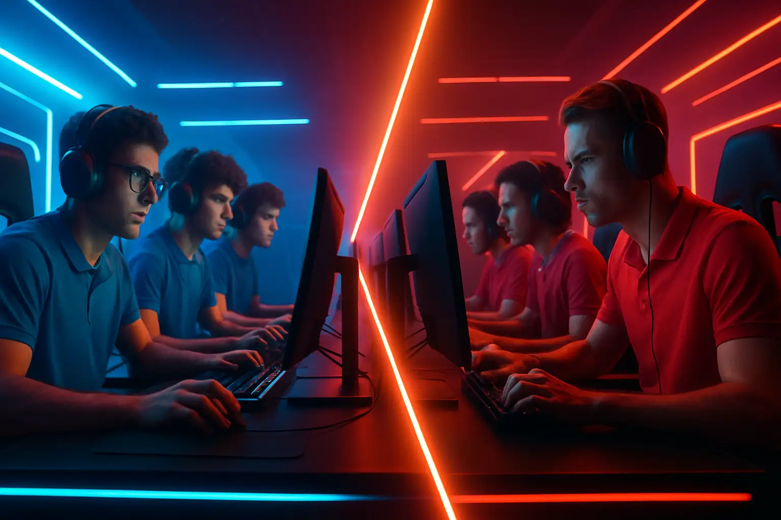 Two esports teams facing off on a competitive gaming stage with dramatic arena lighting
