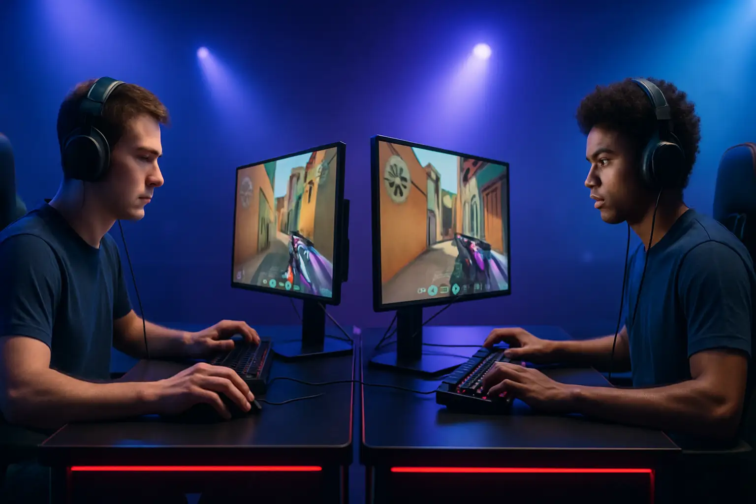Two esports players competing in a VALORANT match on stage with arena lighting