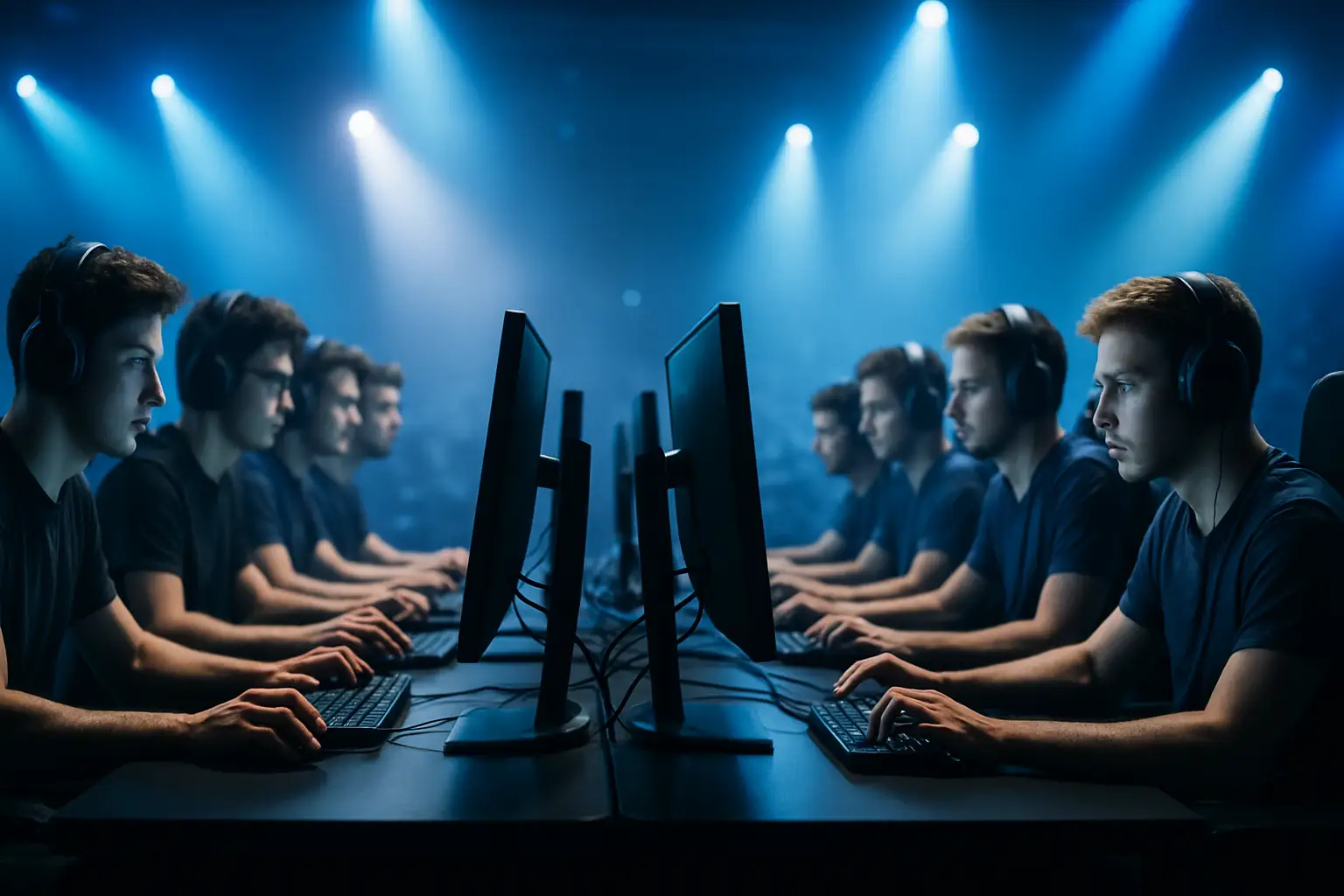 Two Rainbow Six Siege teams competing on stage under arena lighting