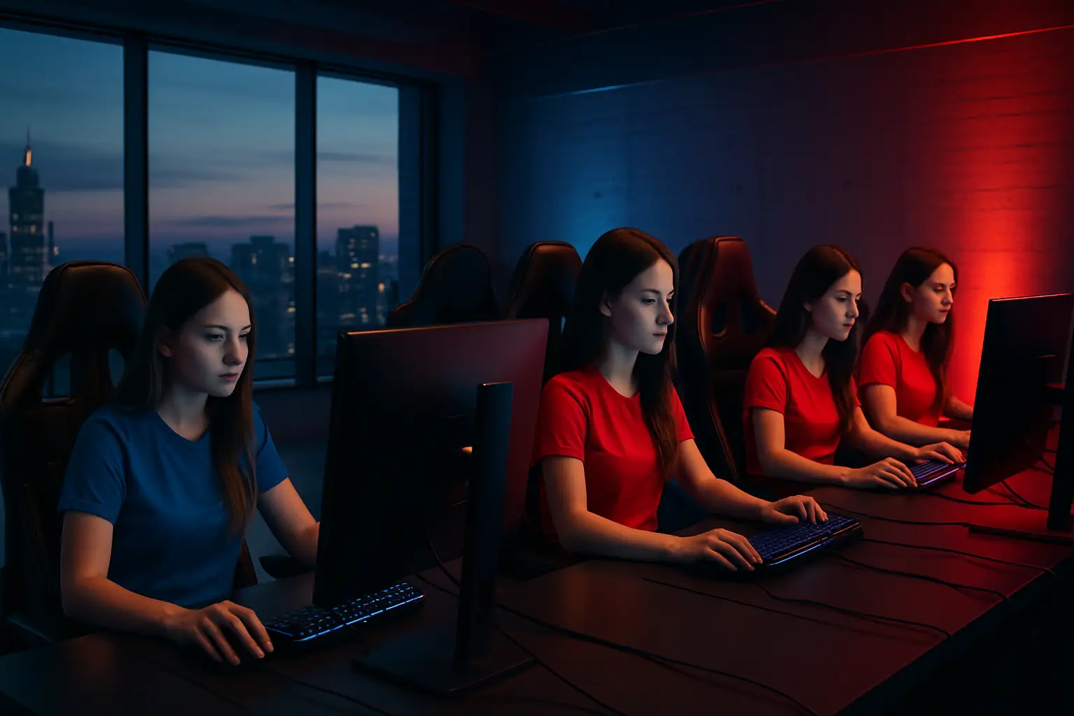 Women competing at an esports training camp in a modern Seoul gaming facility