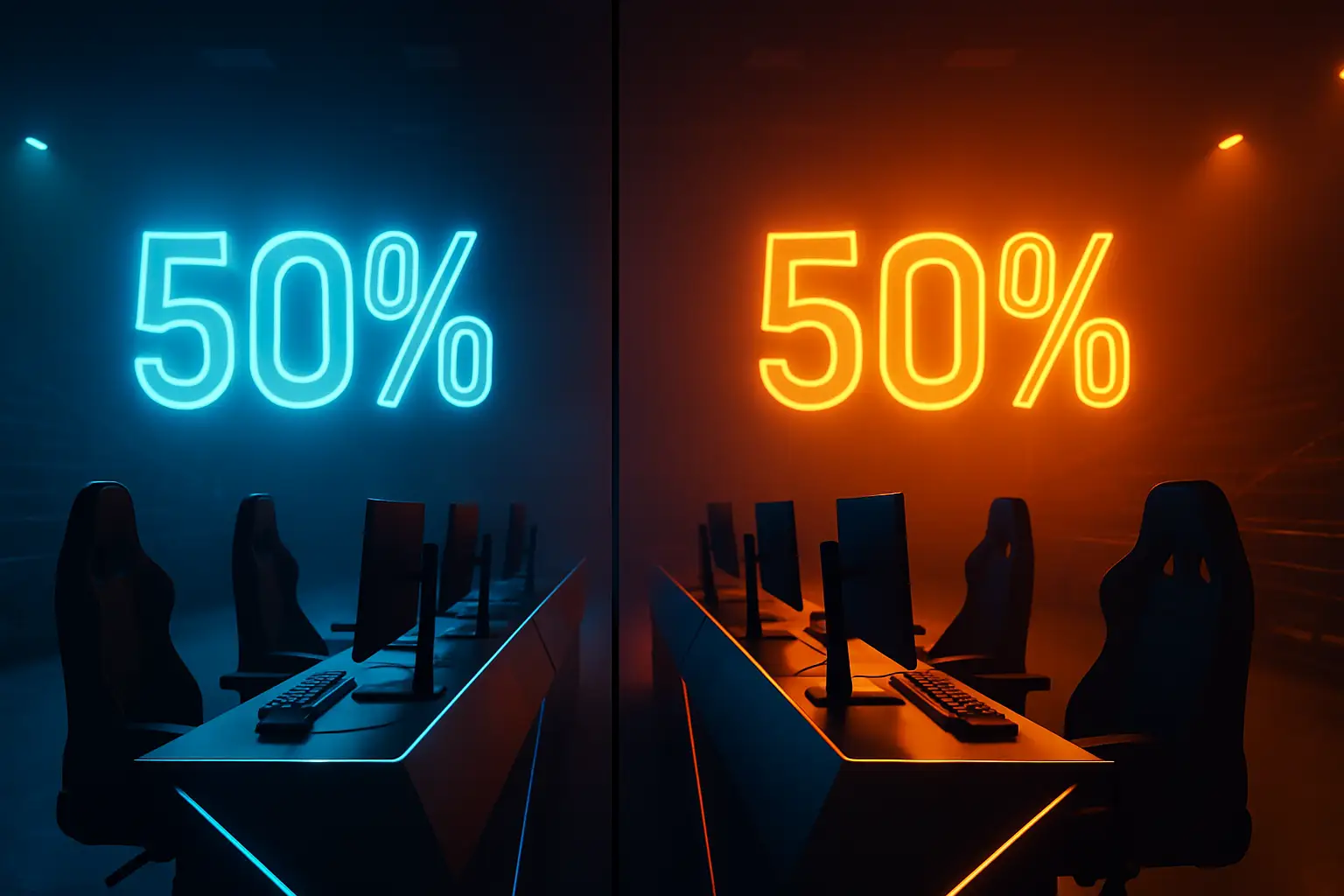 Two esports teams facing off on a digital arena stage with prediction market odds displayed on screens
