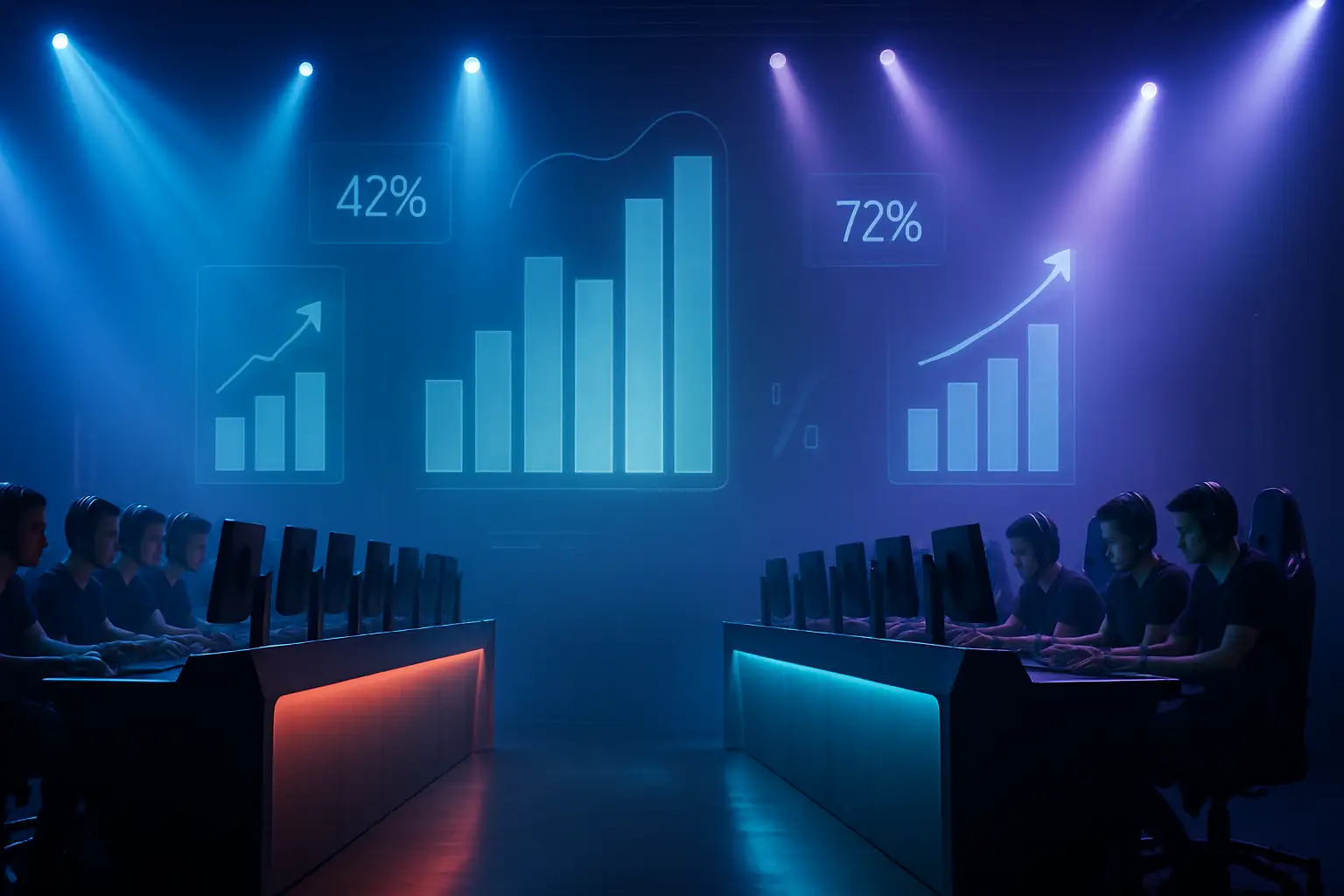 Two esports teams competing on stage with a digital prediction market overlay graphic