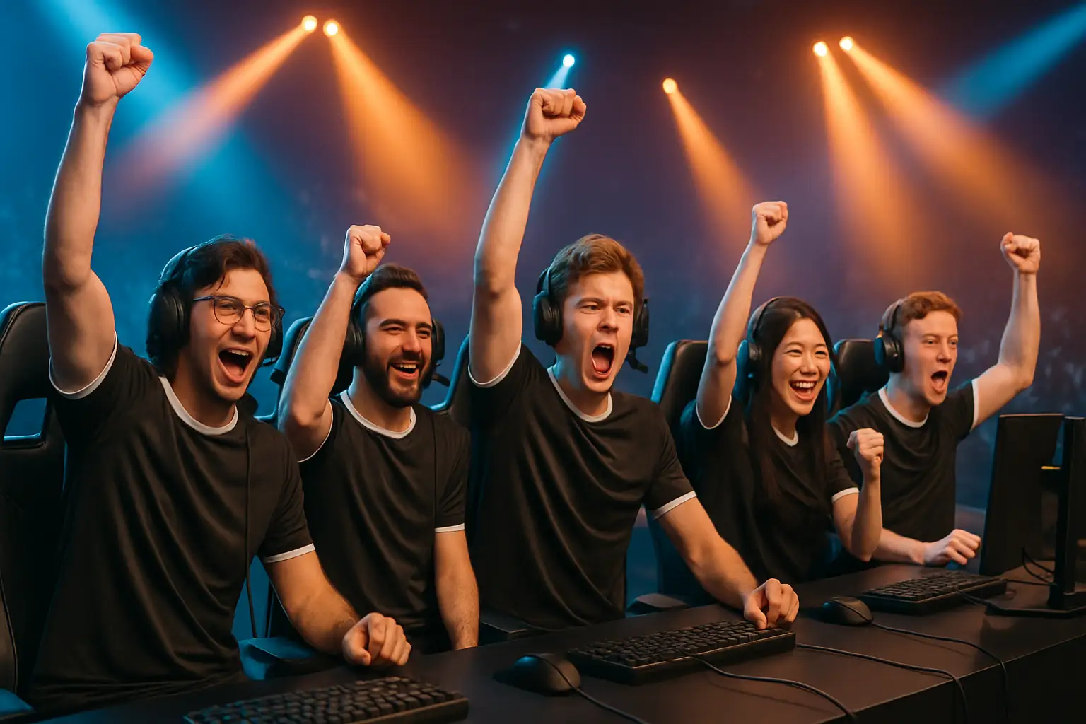 A League of Legends esports team celebrating a match victory on a competitive stage
