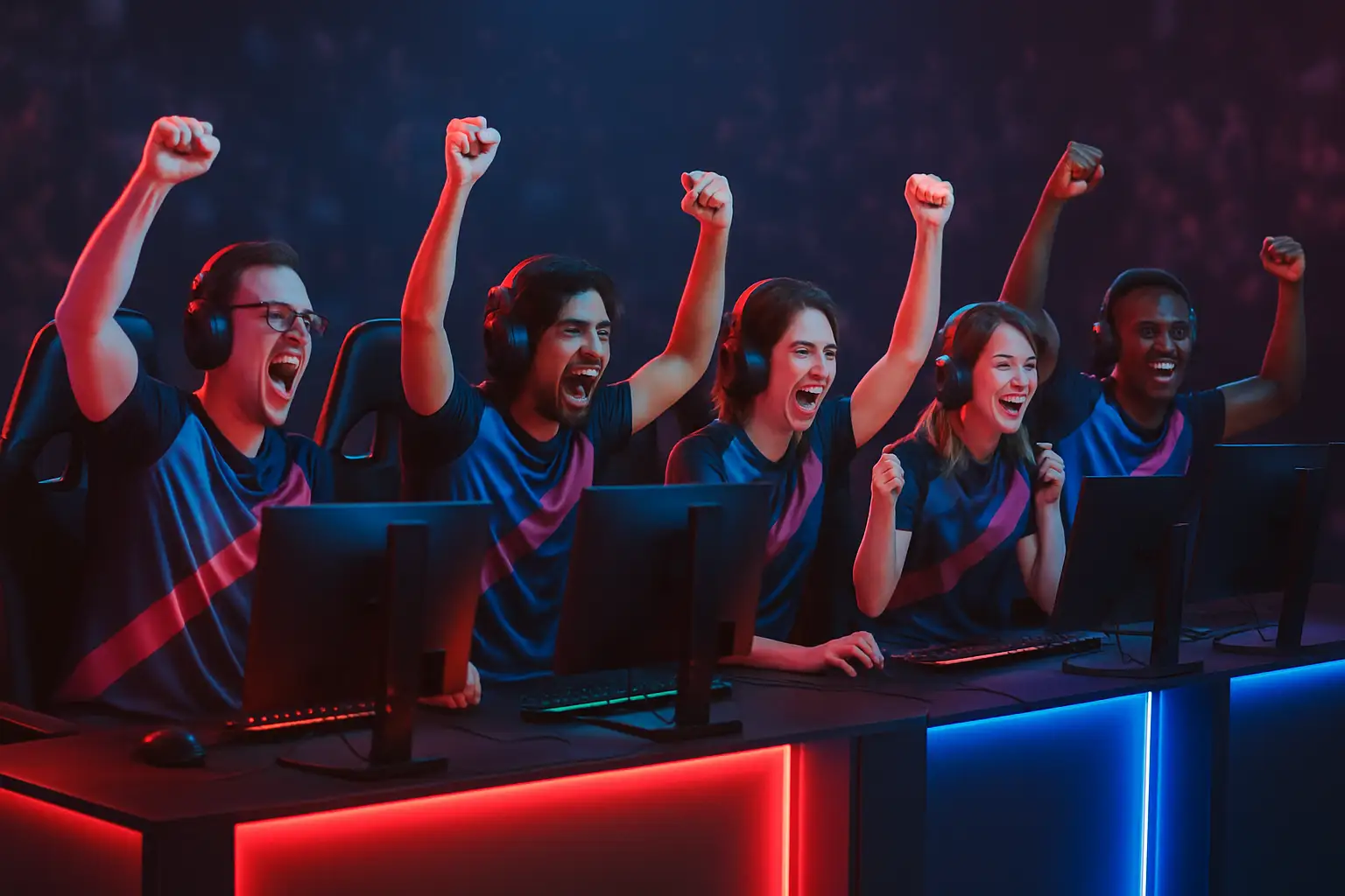 A League of Legends esports team celebrating a victory on stage under bright arena lights