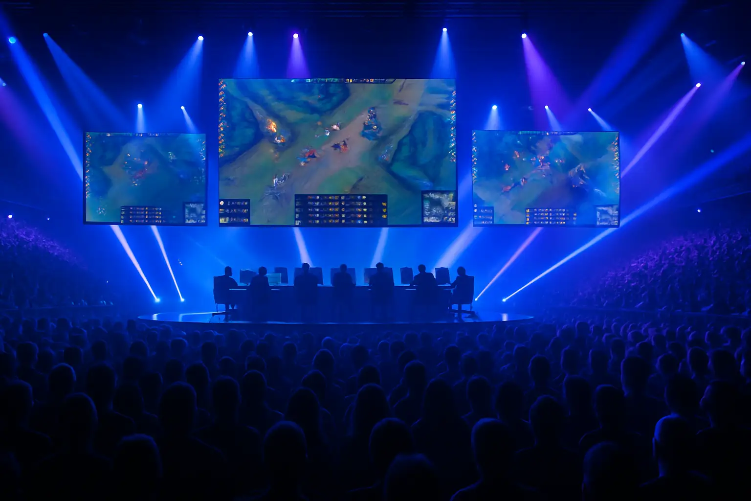 Esports players competing on stage at a large international tournament with colorful arena lighting