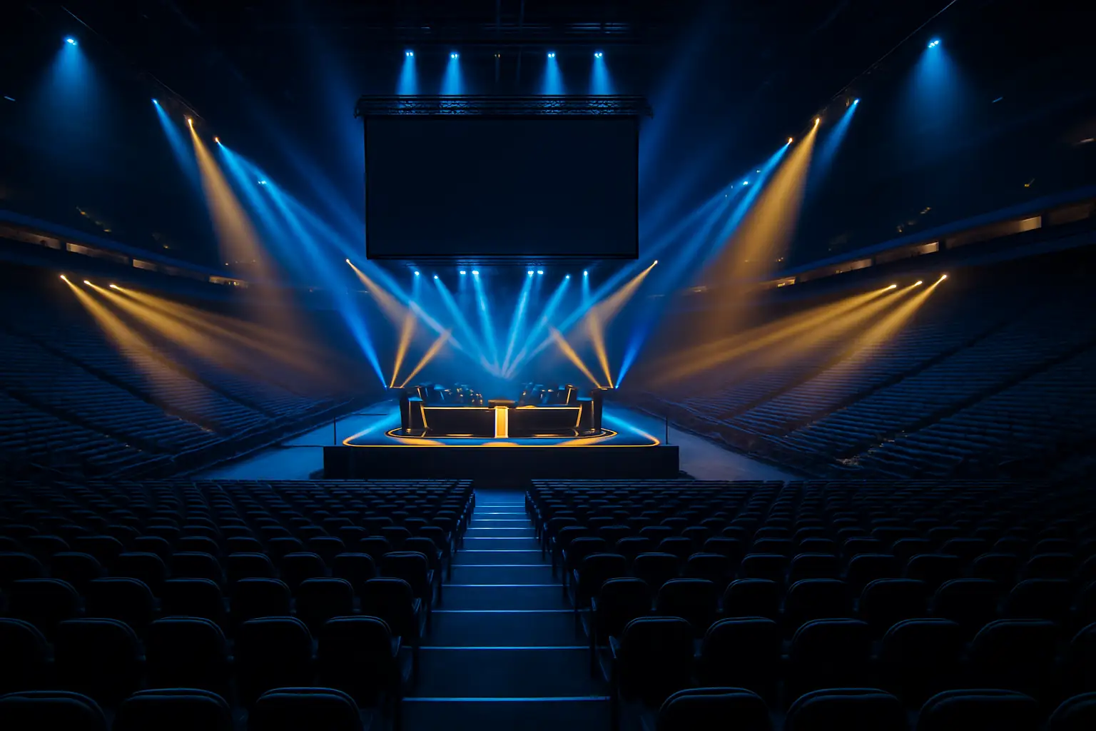 A glowing competitive gaming arena stage set up for an international League of Legends tournament