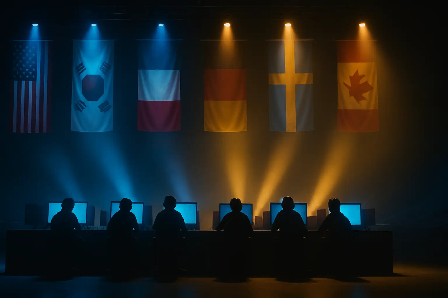 Players competing at a League of Legends international nations tournament on a large lit stage