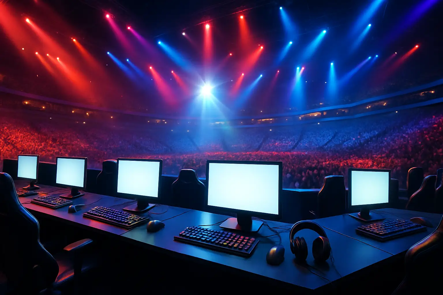 Lenovo gaming hardware on a stage at a large esports arena with colorful lighting