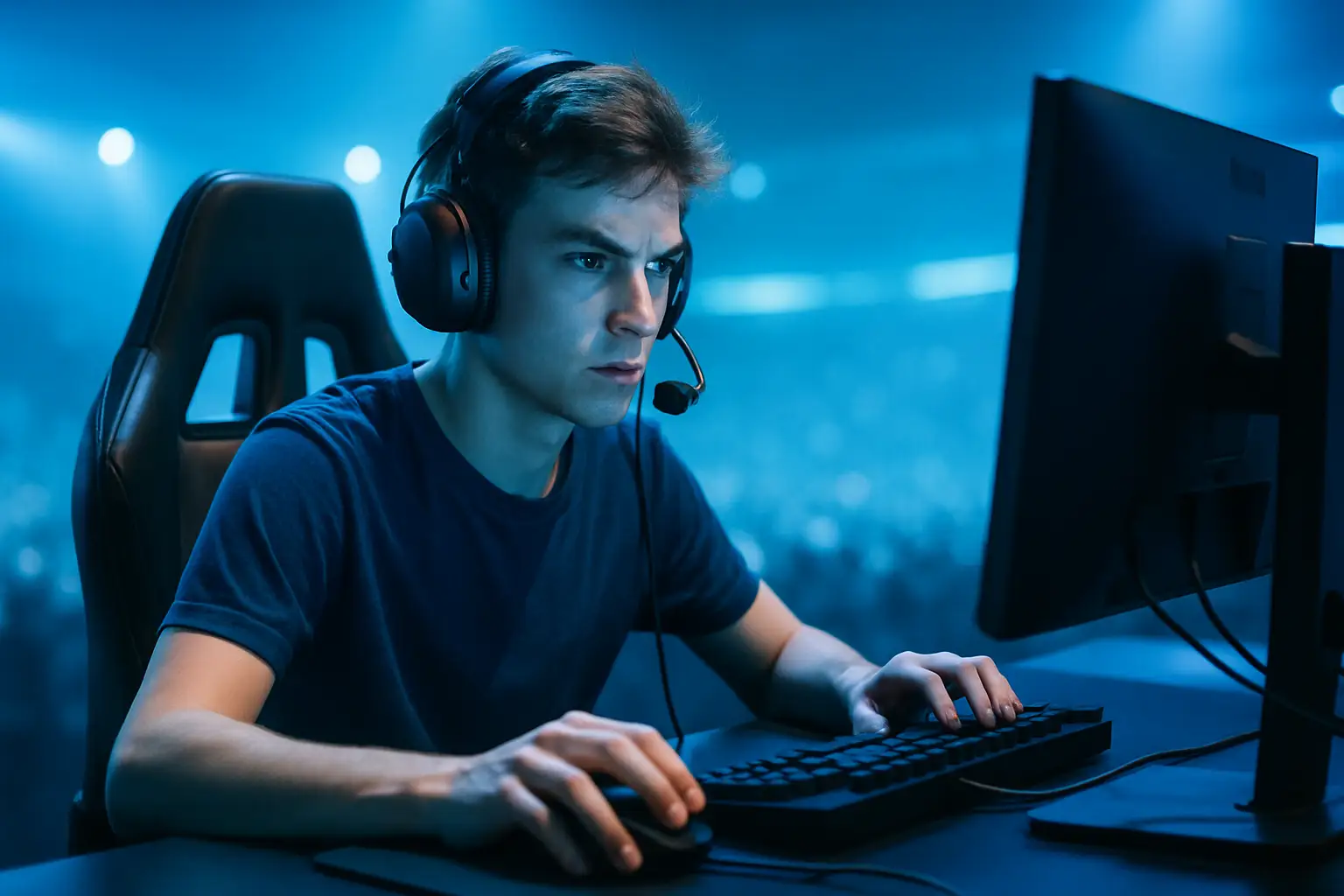 A VALORANT esports player focused at a gaming setup during a high-stakes international match