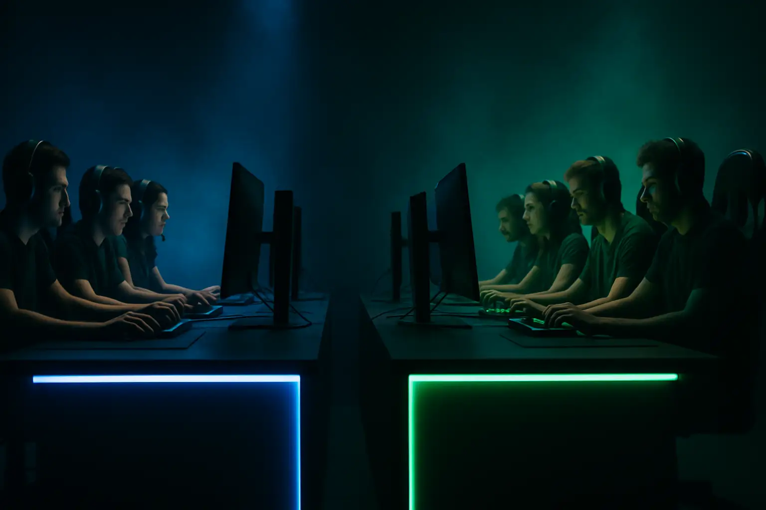 Two esports teams competing on a large stage with dramatic lighting