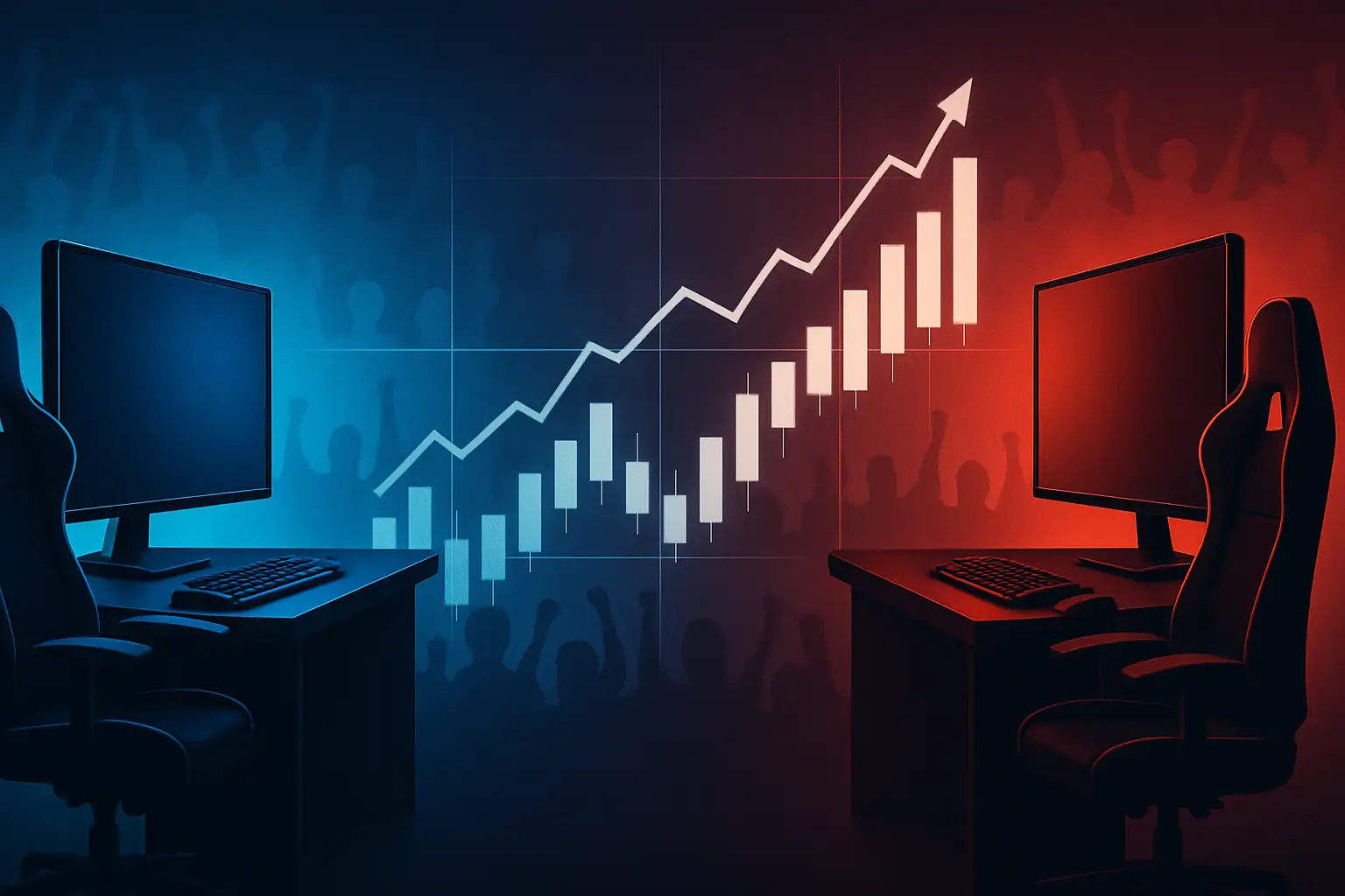 Two esports team logos face off on a digital trading screen with green and red price tickers in the background