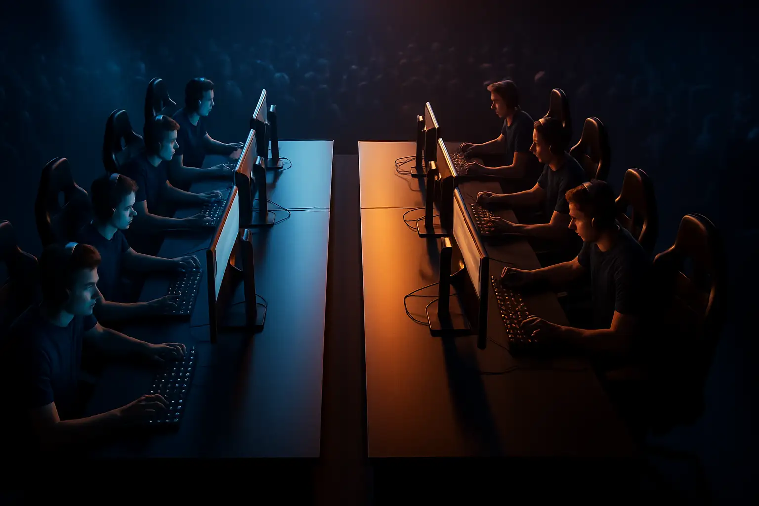 Two esports teams facing off on a digital arena stage with prediction market data displayed on screens