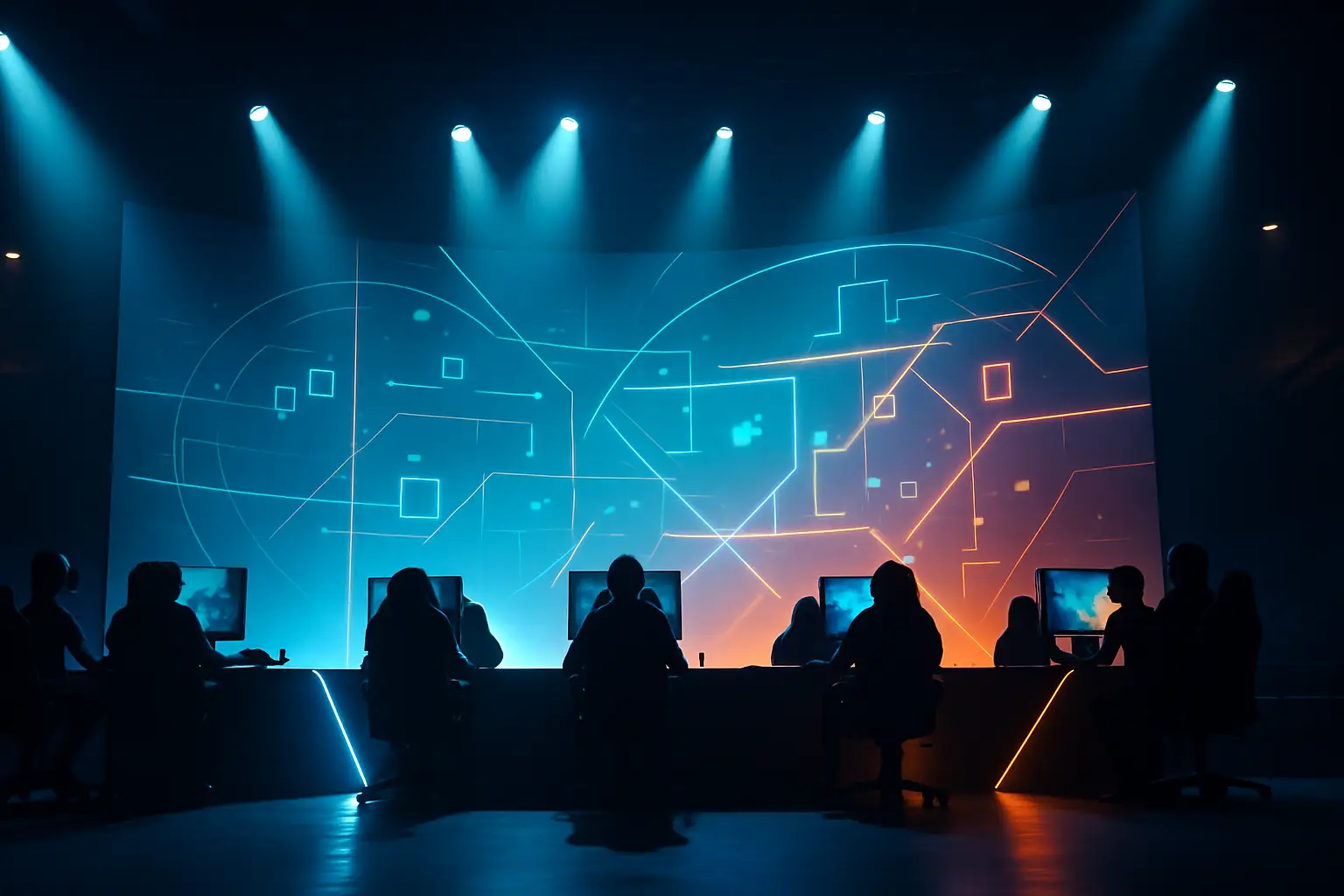 Two esports teams competing in a VALORANT match on a tournament stage with glowing screens