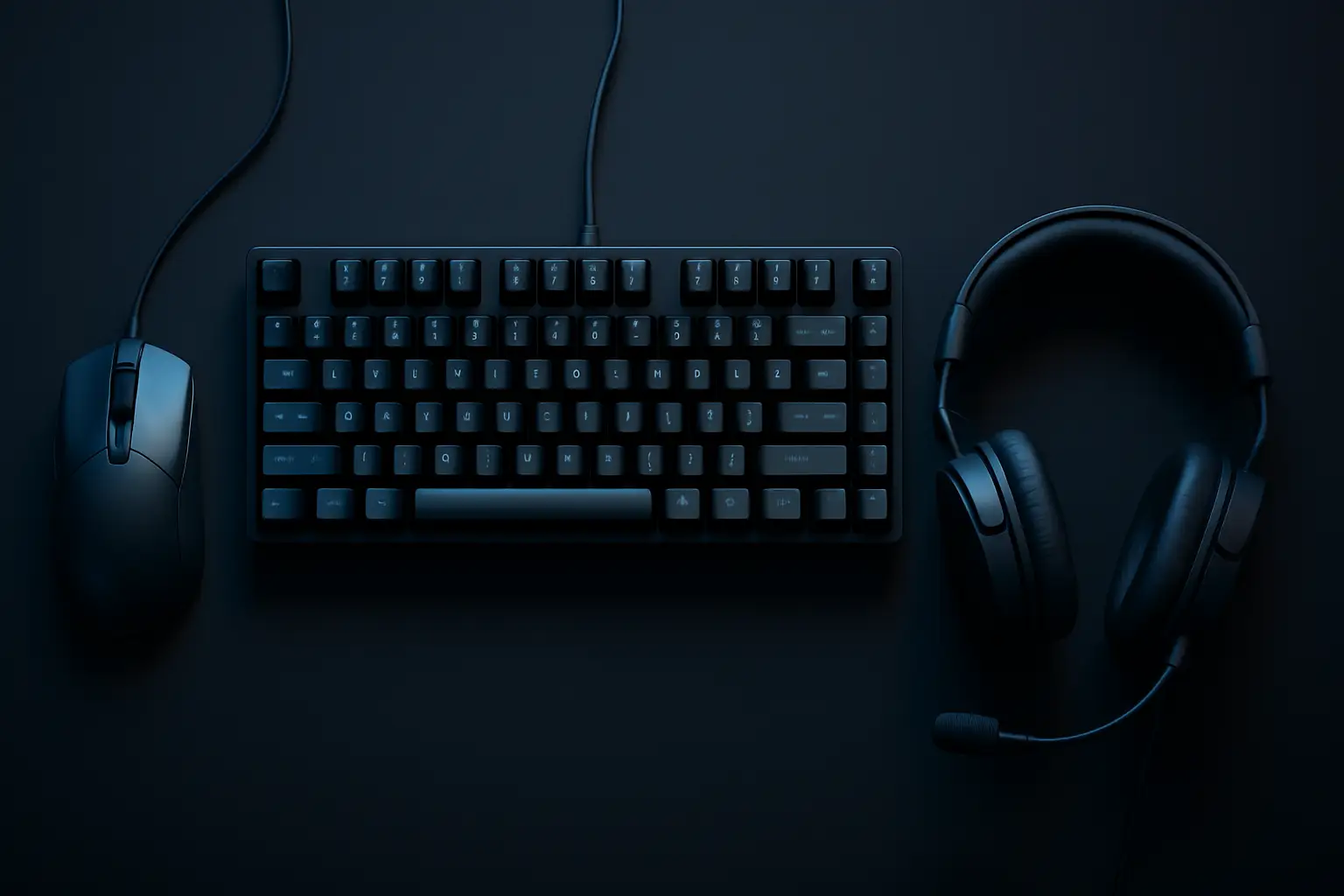Gaming peripherals including a mouse and keyboard displayed on a competitive gaming desk setup