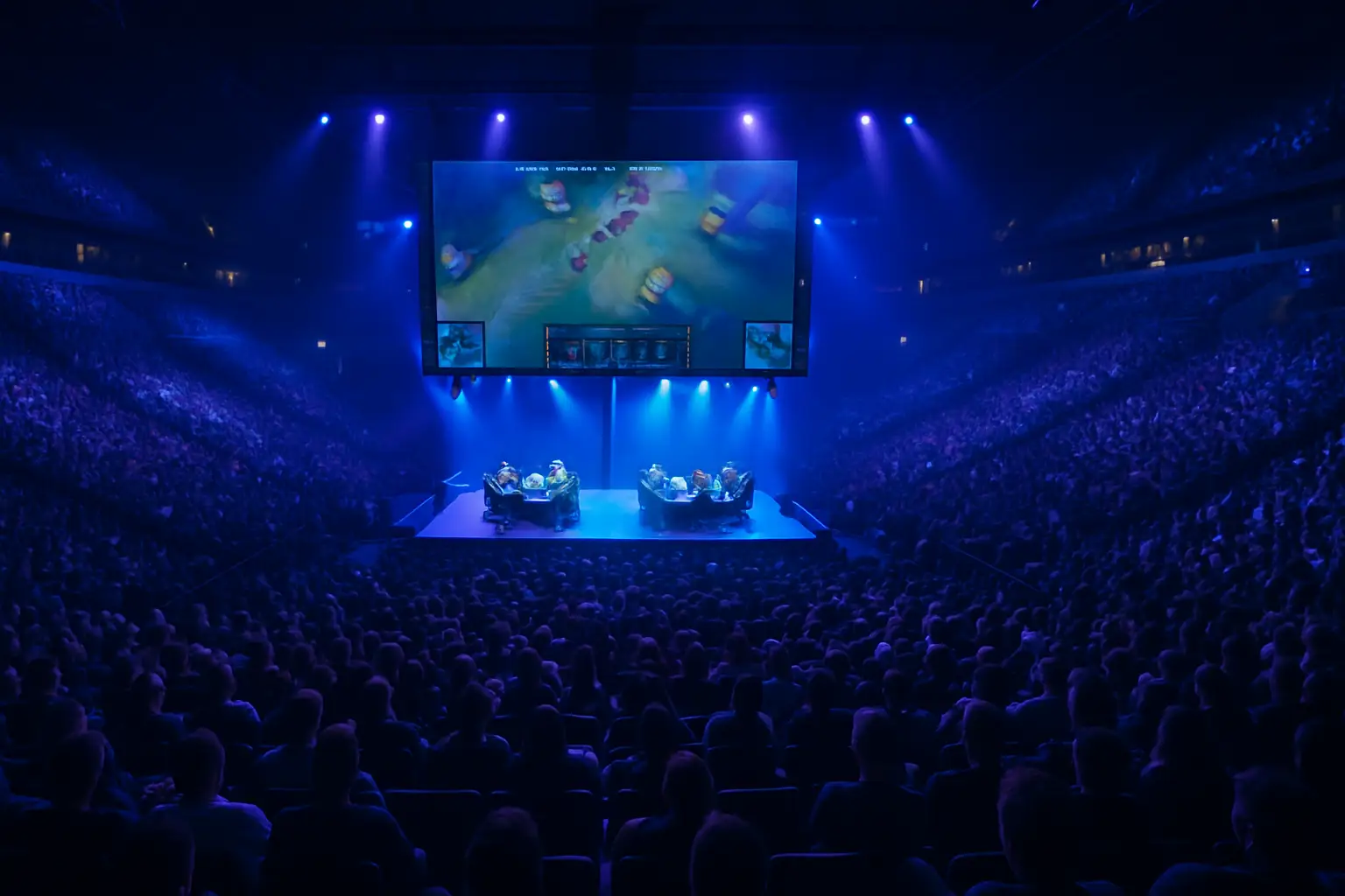 A dramatic aerial view of a large esports arena filled with spectators watching a massive screen displaying a fantasy battle game