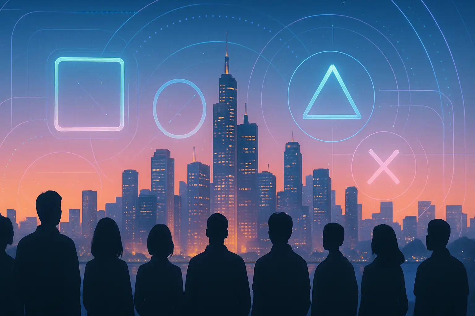 A skyline view of Los Angeles at dusk with colorful gaming-themed light projections over the city
