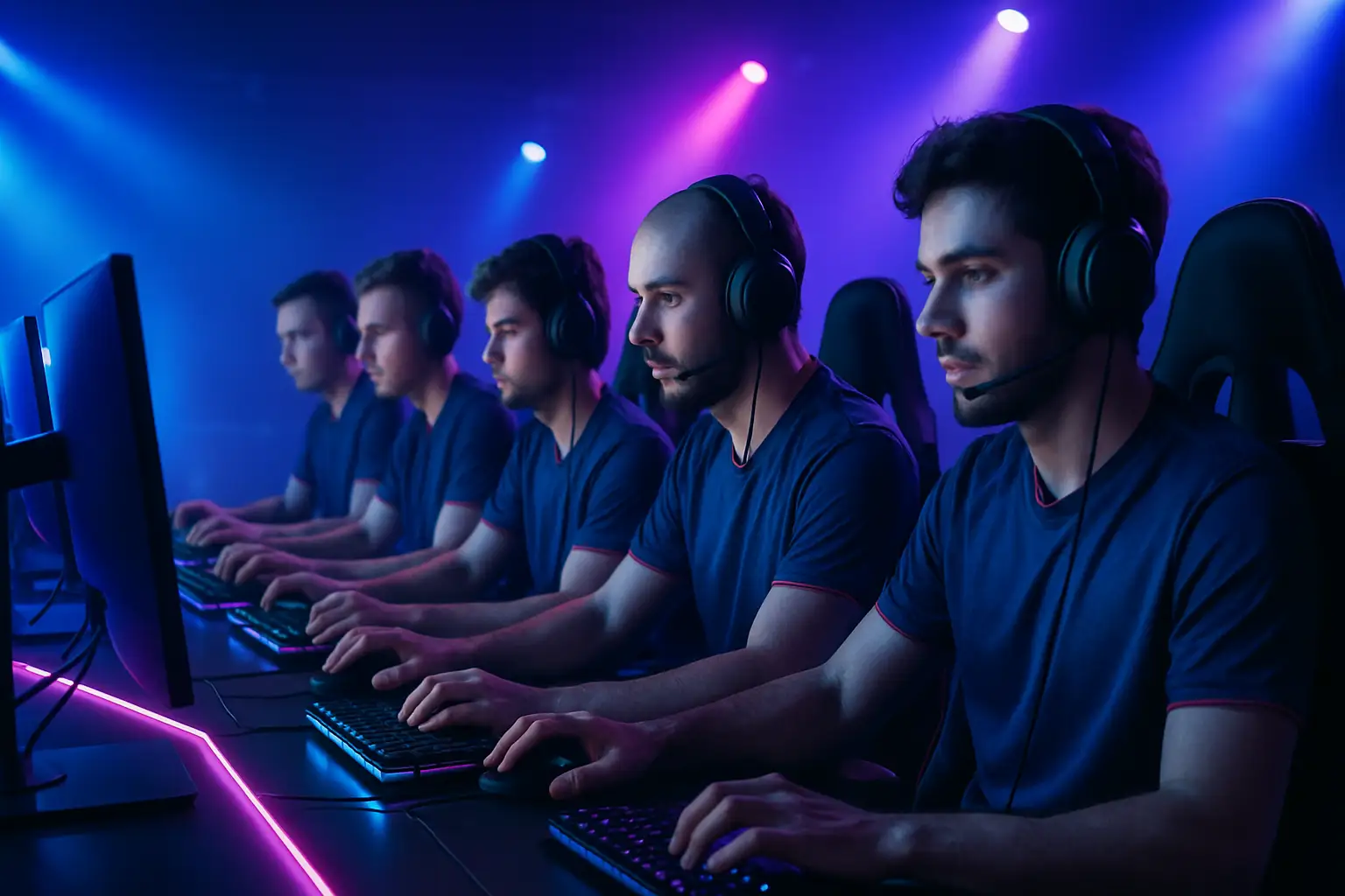 A professional League of Legends esports team gathered around monitors in a competitive gaming arena with team branding visible