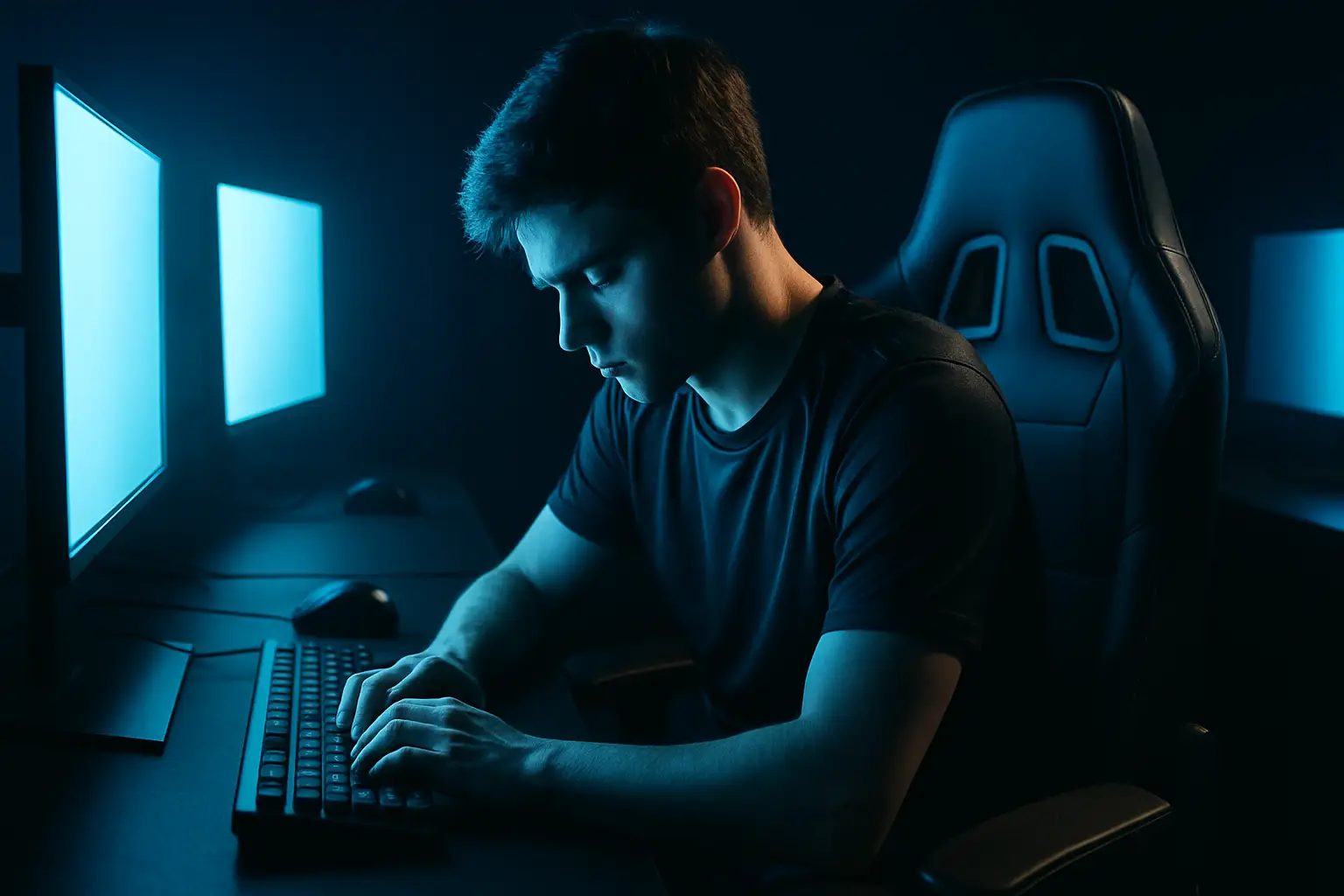 A focused esports player sitting at a gaming setup, lit by monitor glow in a darkened room