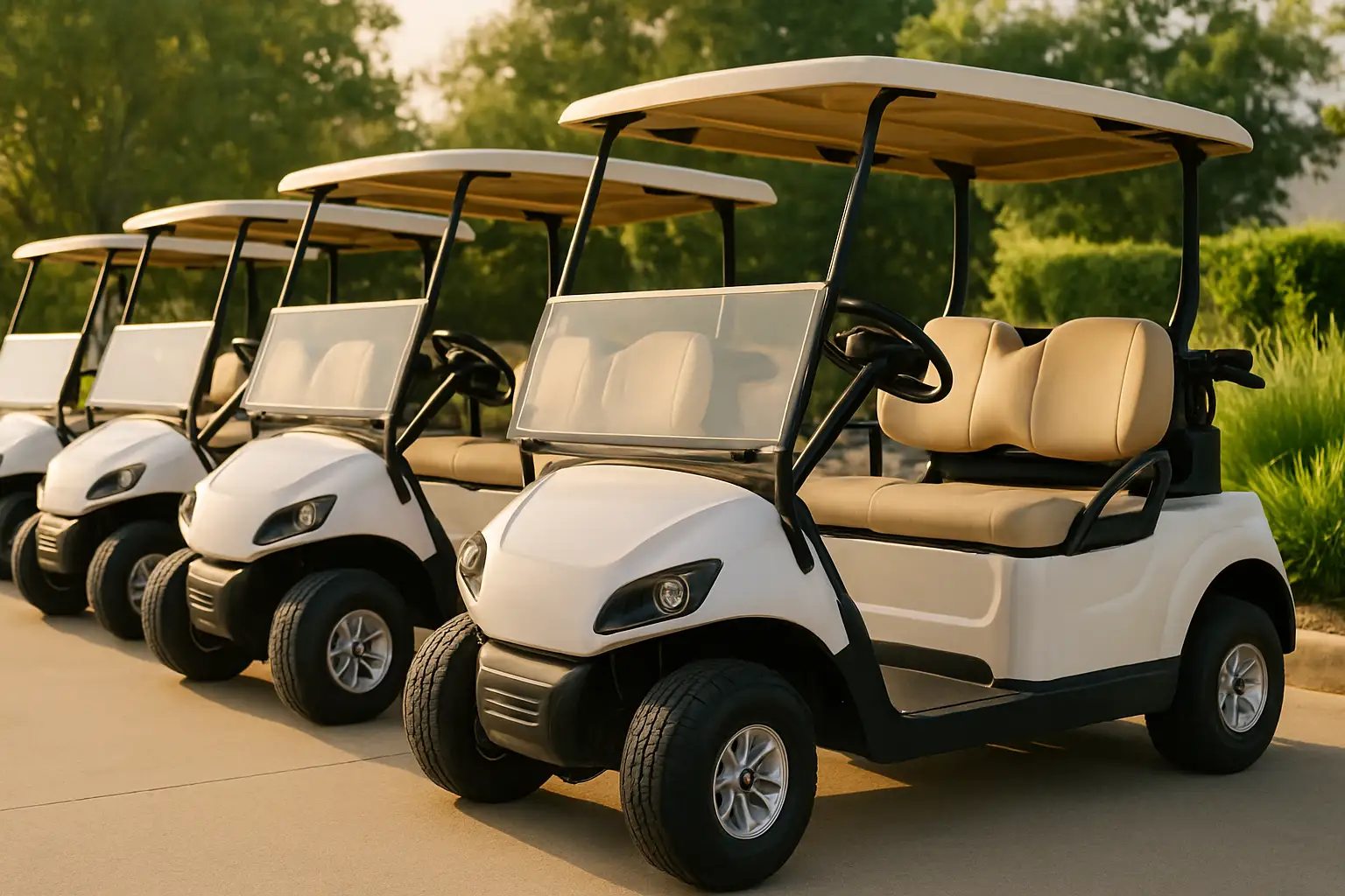 Electric golf carts lined up at an outdoor dealership lot under bright daylight