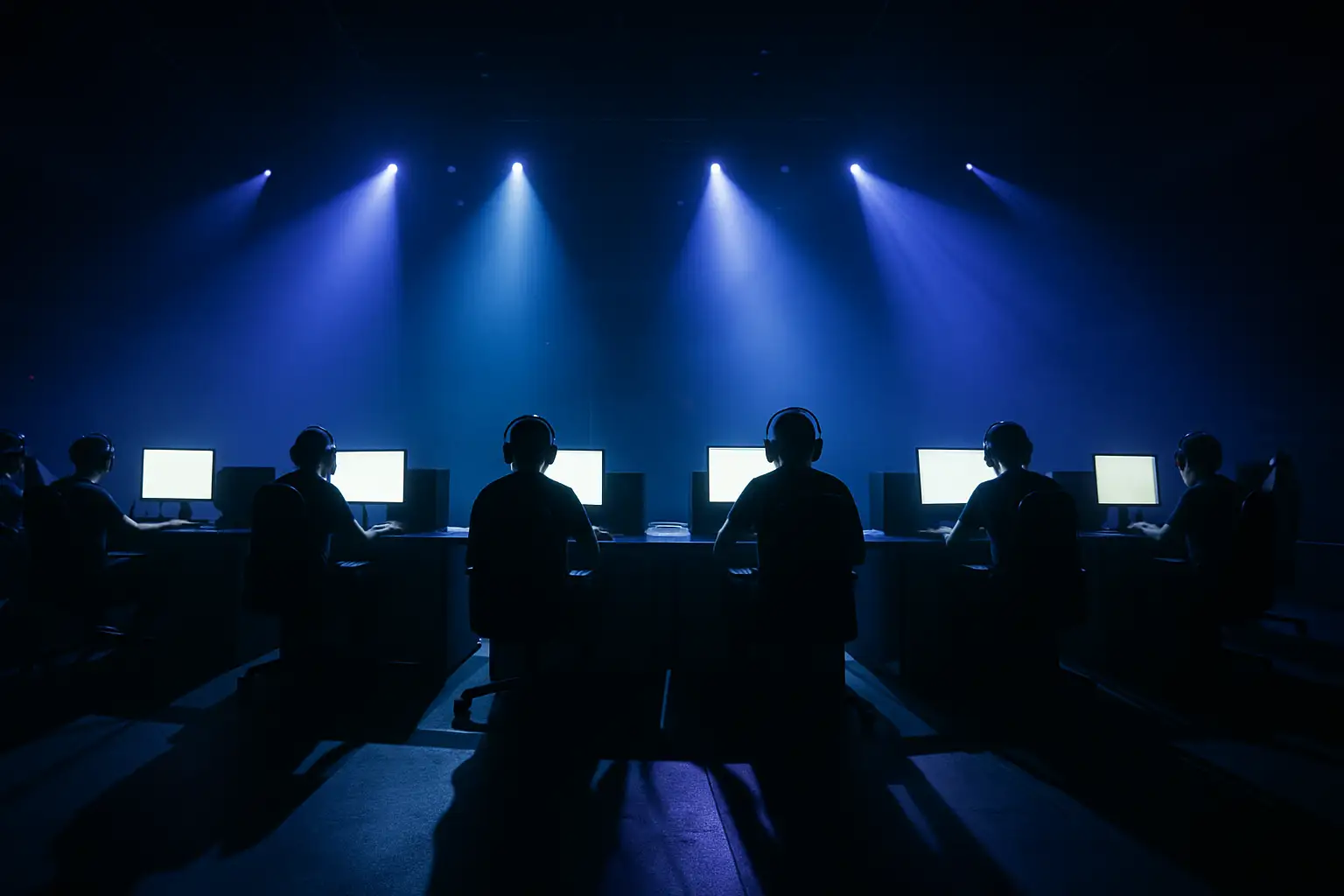 A competitive gaming arena lit in blue and purple with players at stations during a Counter-Strike tournament