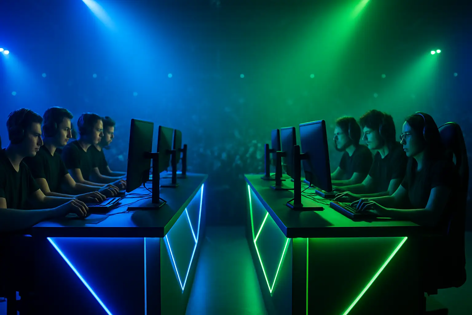 Two eSports teams competing at glowing gaming stations in a dark arena