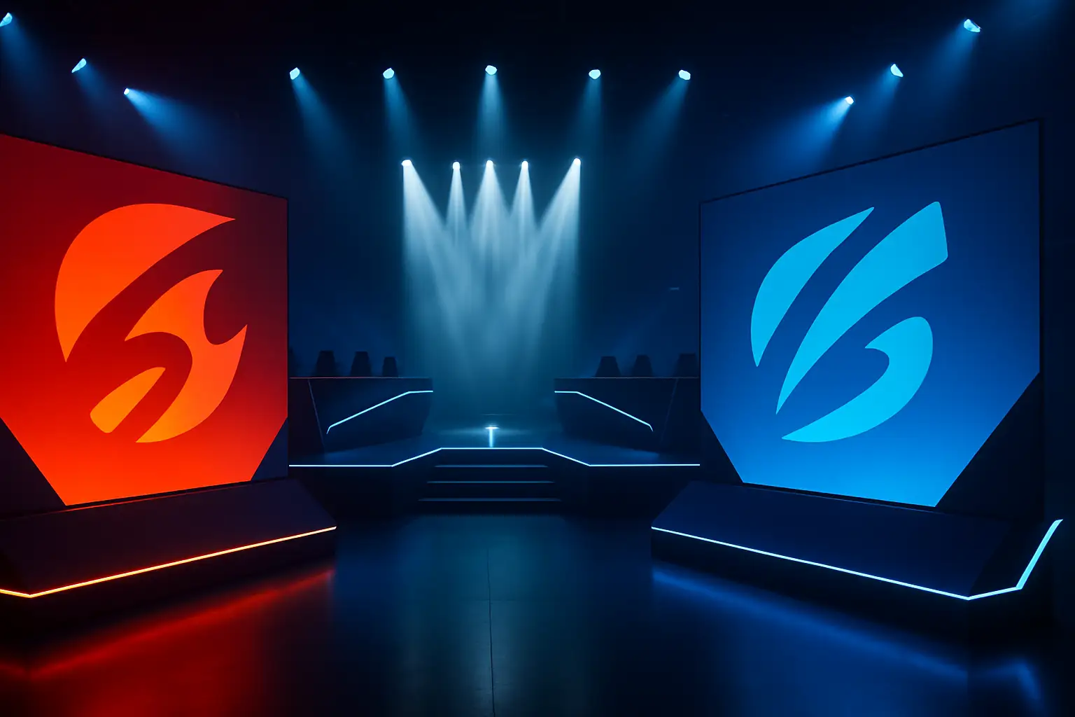 Two CS2 team flags facing each other on a glowing esports stage