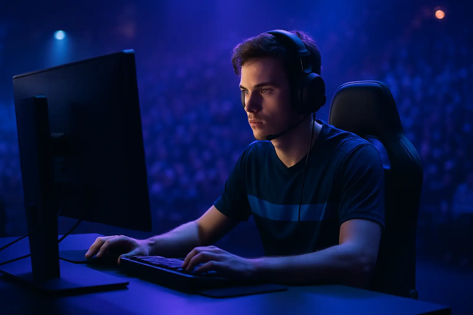 A competitive League of Legends player focused on a glowing monitor during a professional esports match