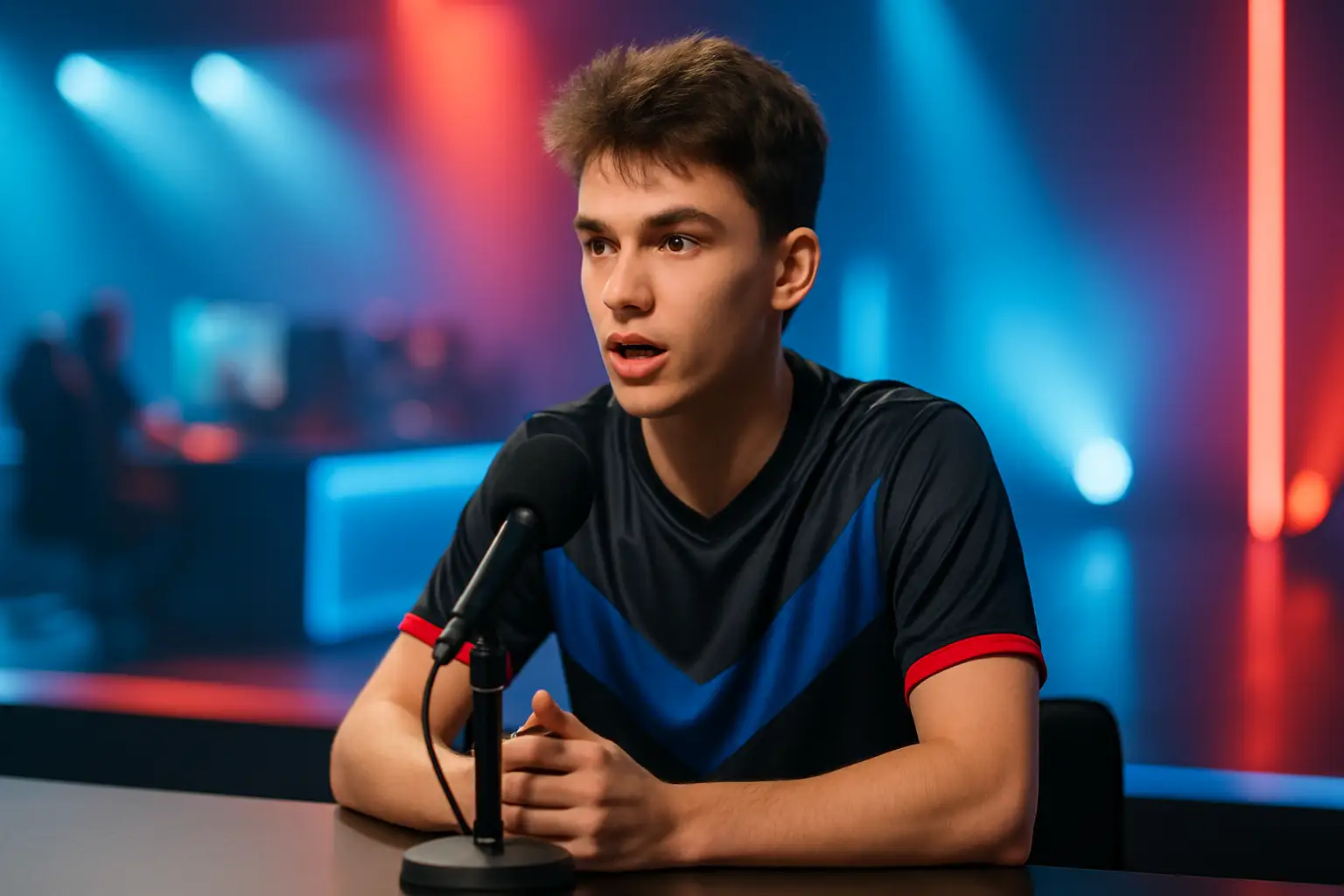 An esports player gesturing confidently during a post-match interview at a competitive gaming event