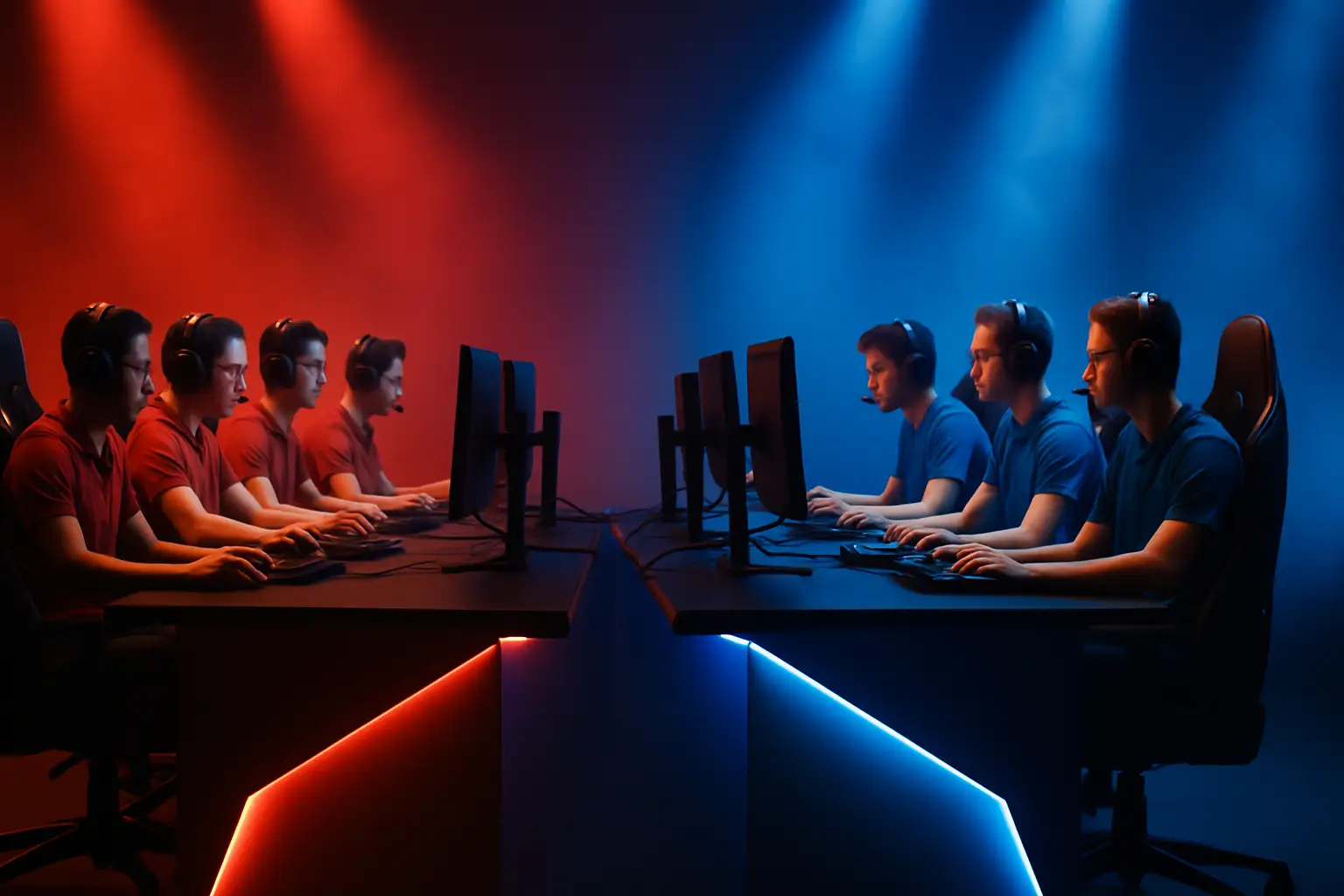 Two esports players facing off at gaming stations in a competitive arena with VALORANT-themed lighting