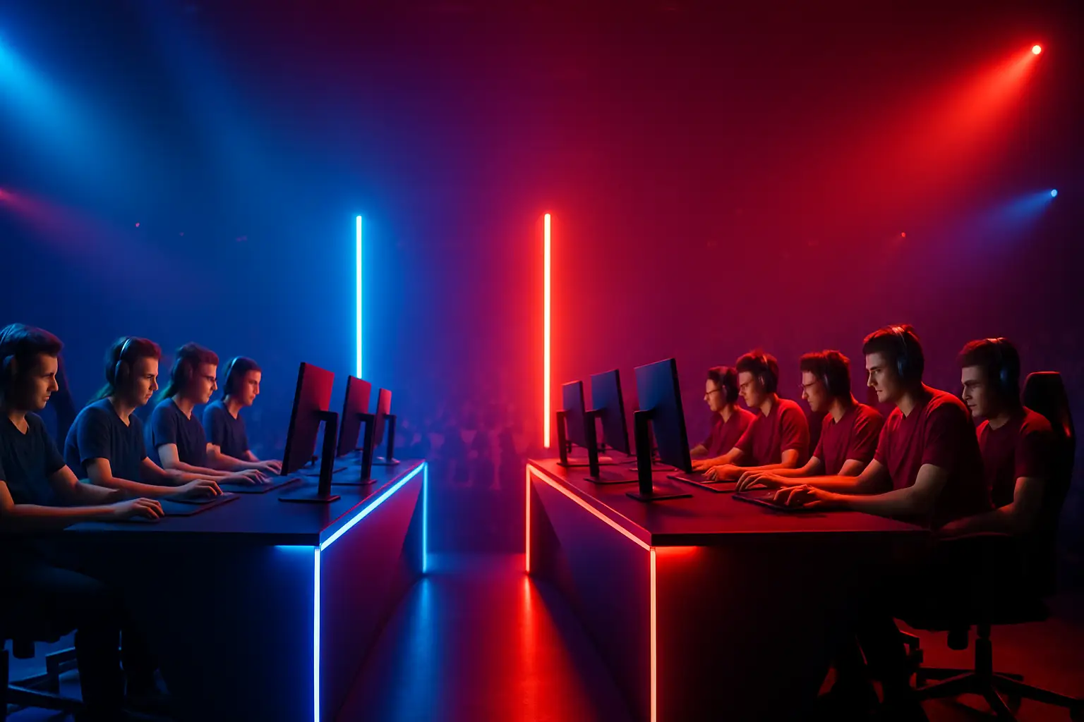 Two esports players facing off at gaming stations under colorful stage lighting during a VALORANT tournament