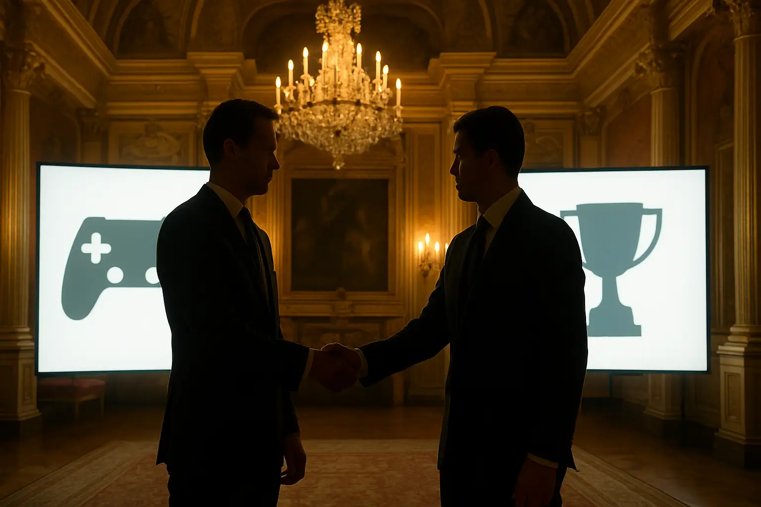 Two world leaders shaking hands in an ornate diplomatic hall with subtle gaming-themed decor in the background