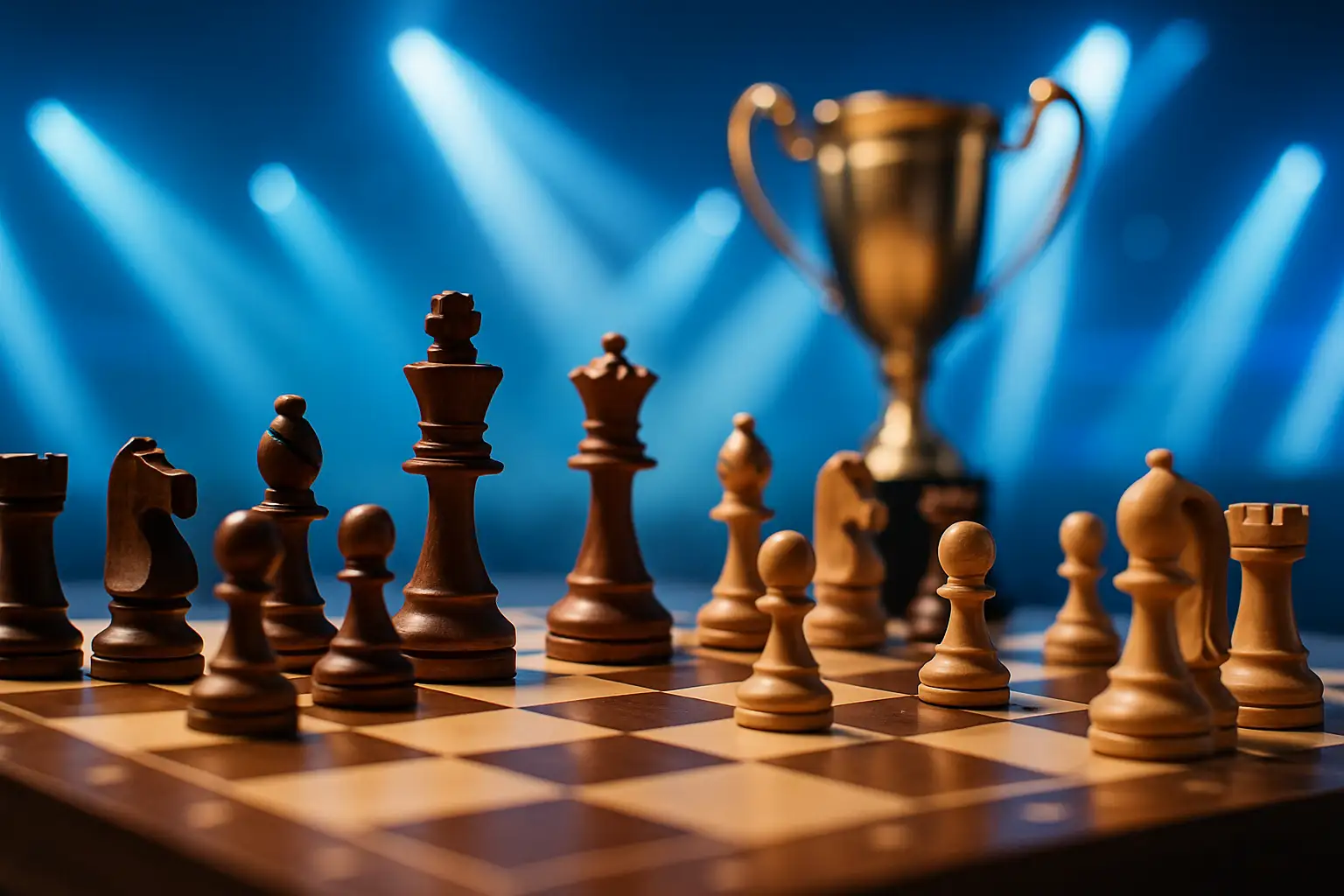 A chess board with a golden trophy in the background under dramatic stage lighting at an esports arena