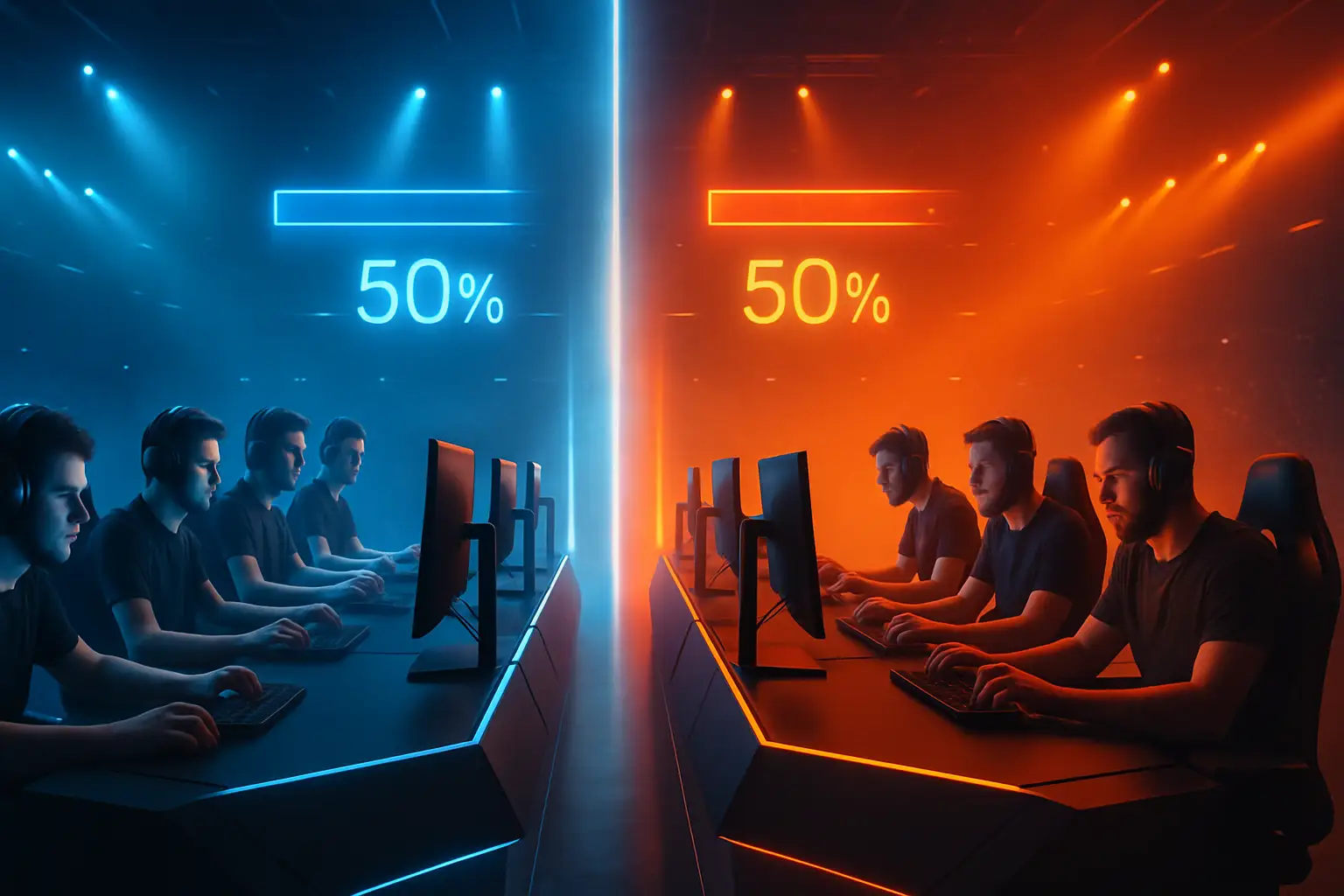 Glowing esports arena stage with two teams facing off across a digital divide, prediction odds floating in the air above them