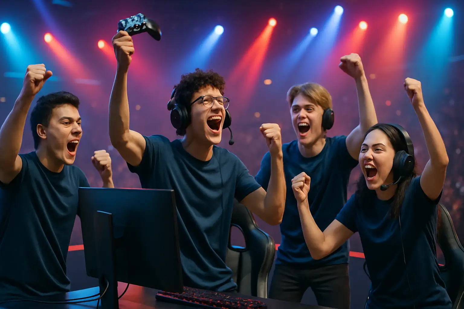 Rocket League players celebrating a tournament qualification on a competitive stage