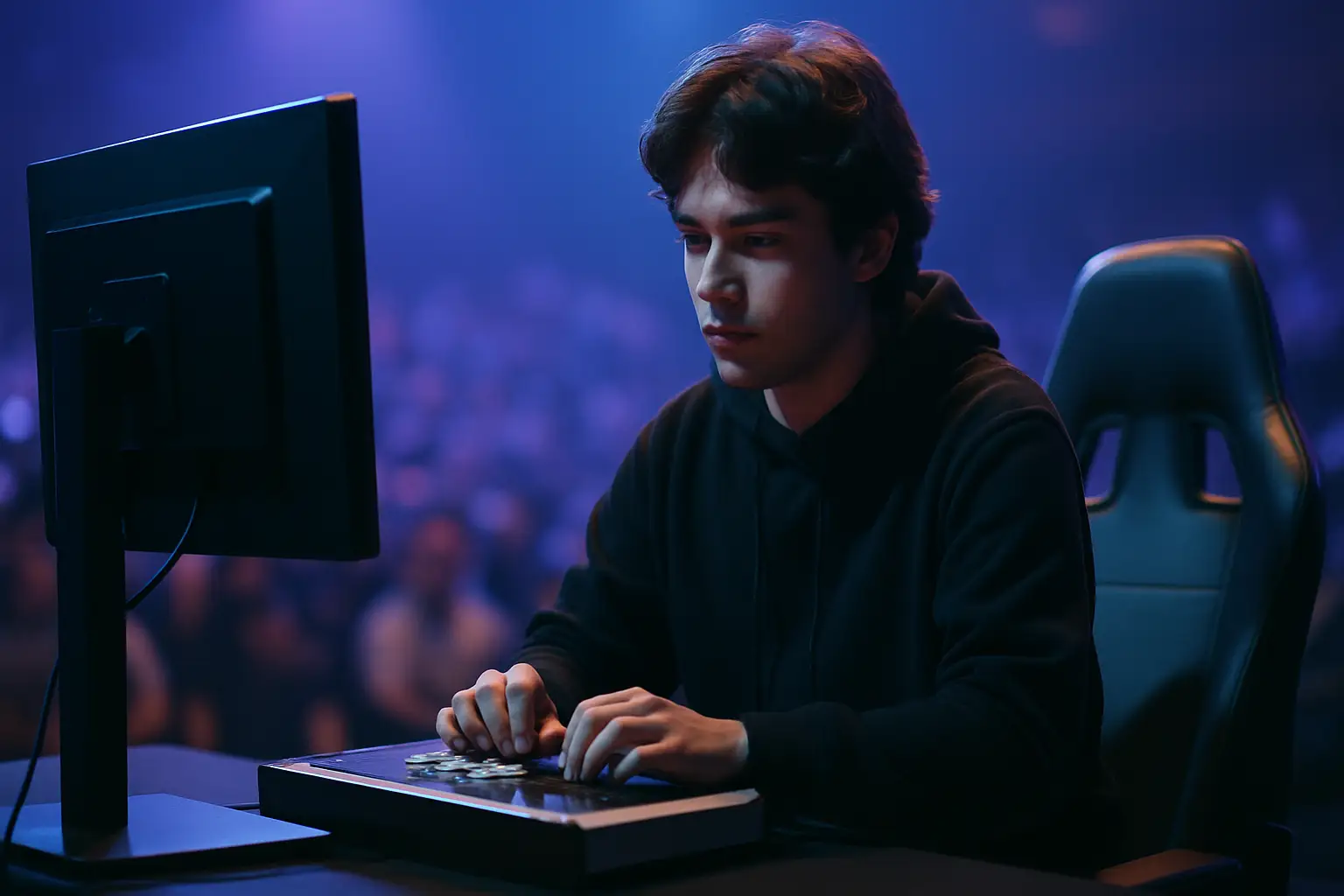 A competitive fighting game player focused at a tournament setup under bright stage lighting