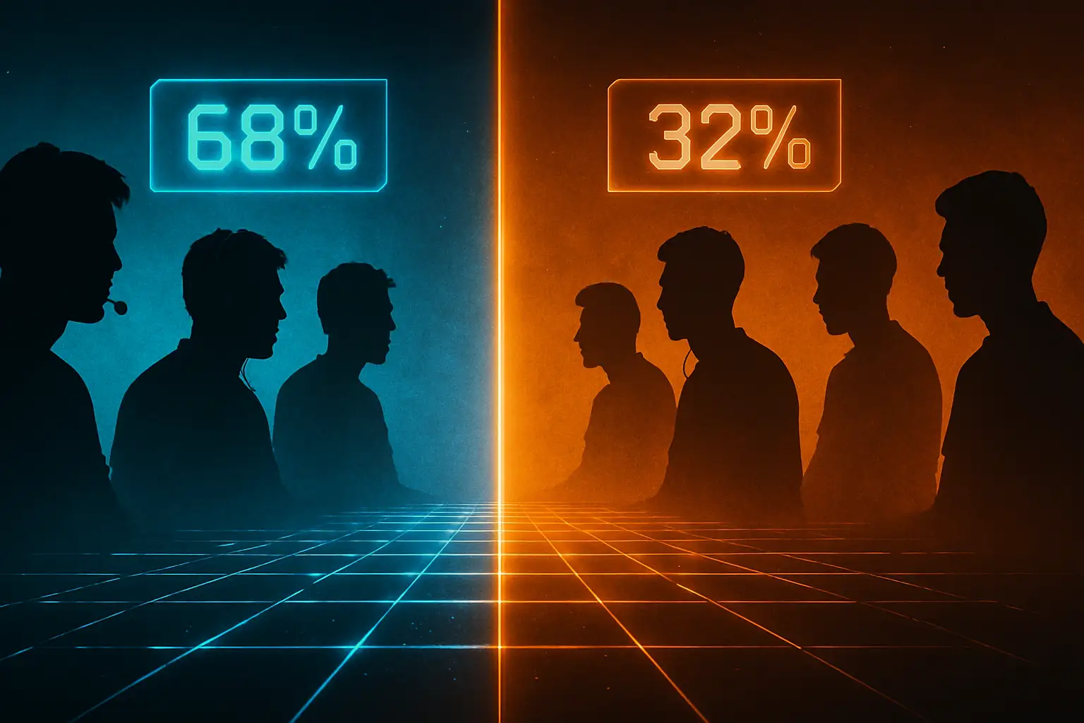 Two esports teams facing off on a digital arena stage with prediction market odds displayed on screens