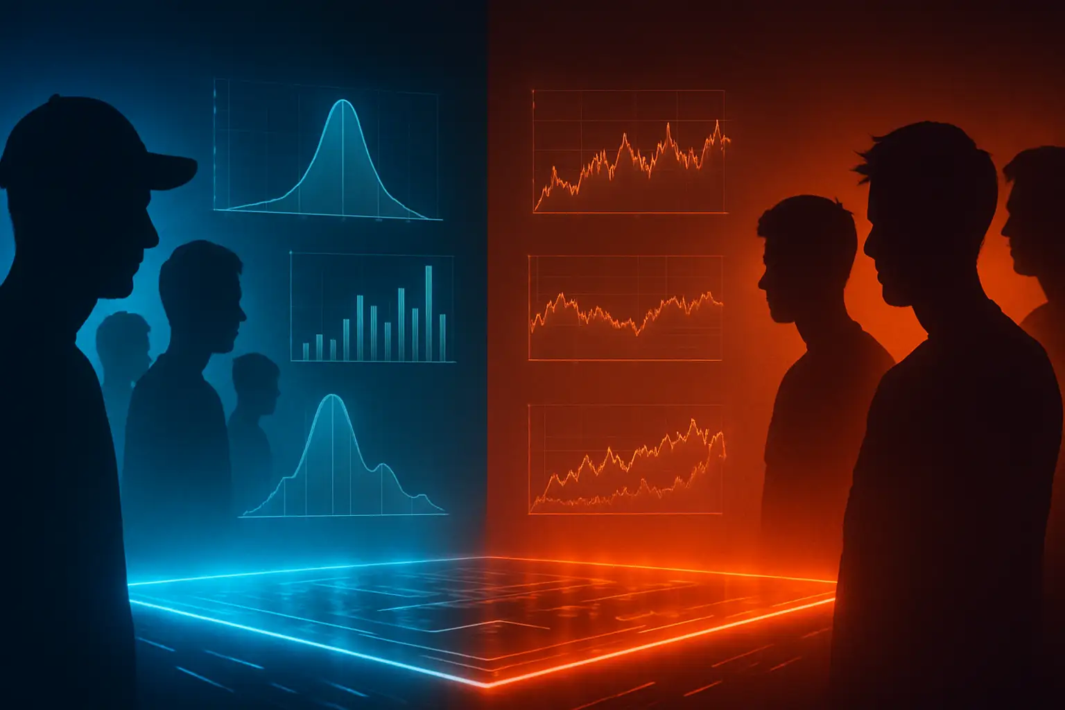 Two esports teams facing off on a digital arena stage with prediction market odds displayed on screens