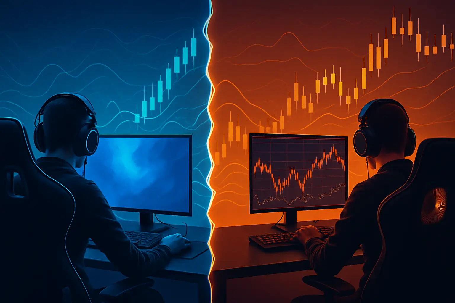 Two esports teams facing off on a digital arena stage with financial chart graphics in the background
