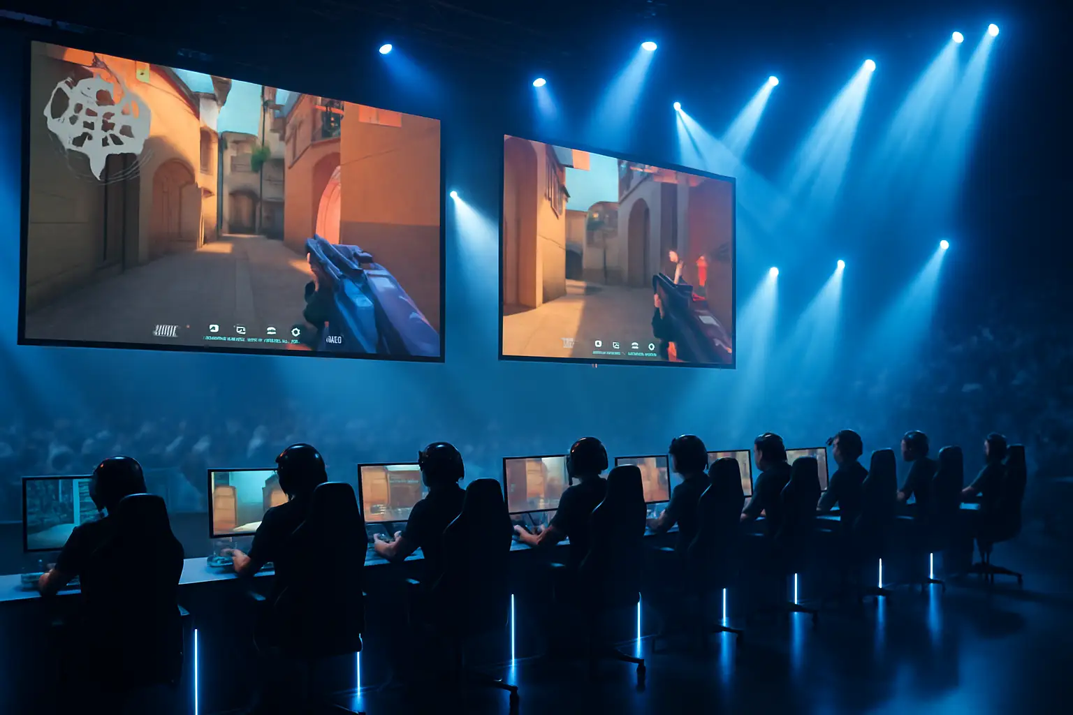 Two VALORANT teams competing on stage at a regional esports event