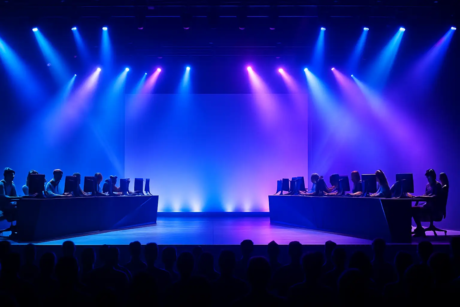 Mobile Legends: Bang Bang competitive gaming arena with teams facing off on stage