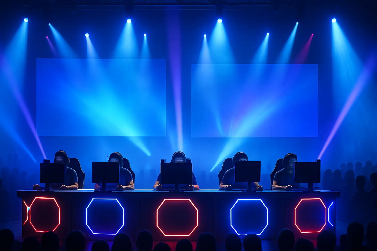 Mobile Legends players competing at an international esports tournament stage under dramatic lighting