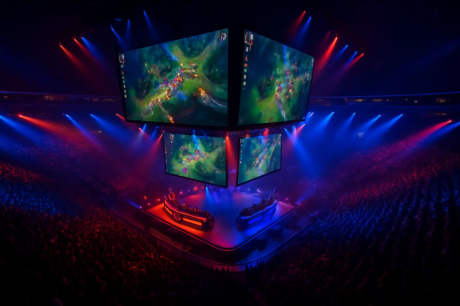 Mobile Legends Bang Bang competitive arena with teams facing off on a digital battlefield