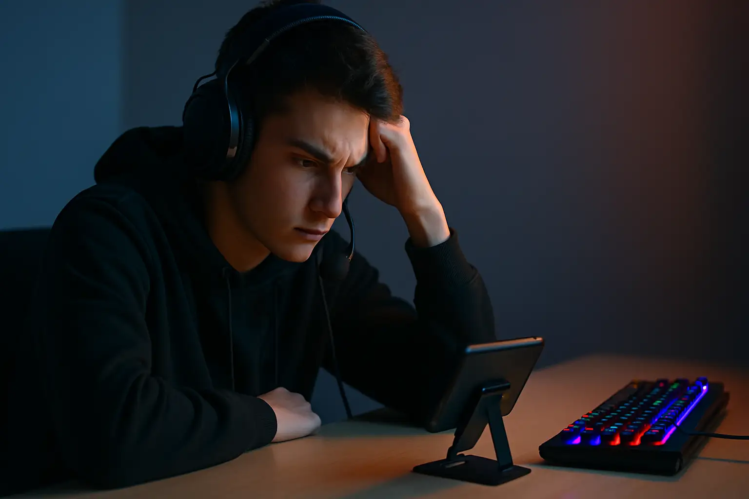 A mobile esports player staring at a smartphone screen in a darkened room, surrounded by competitive gaming gear