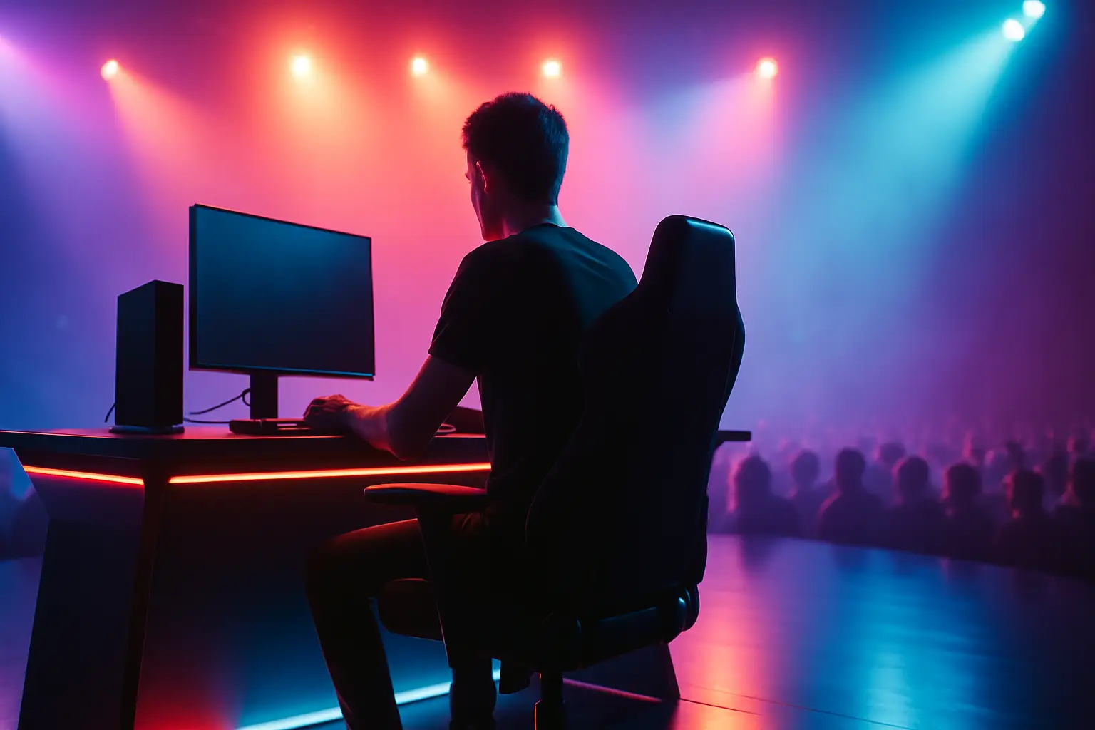 A competitive esports player focused at a gaming station under bright arena lights