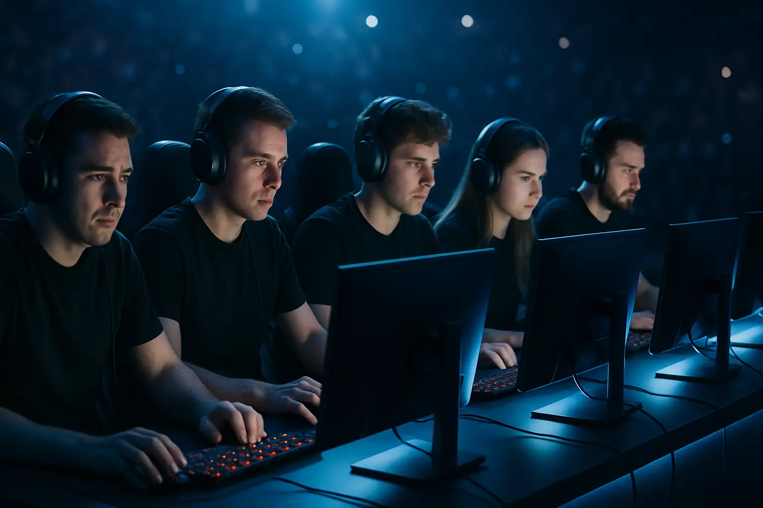 Esports players looking tense at gaming stations during a high-stakes competitive match
