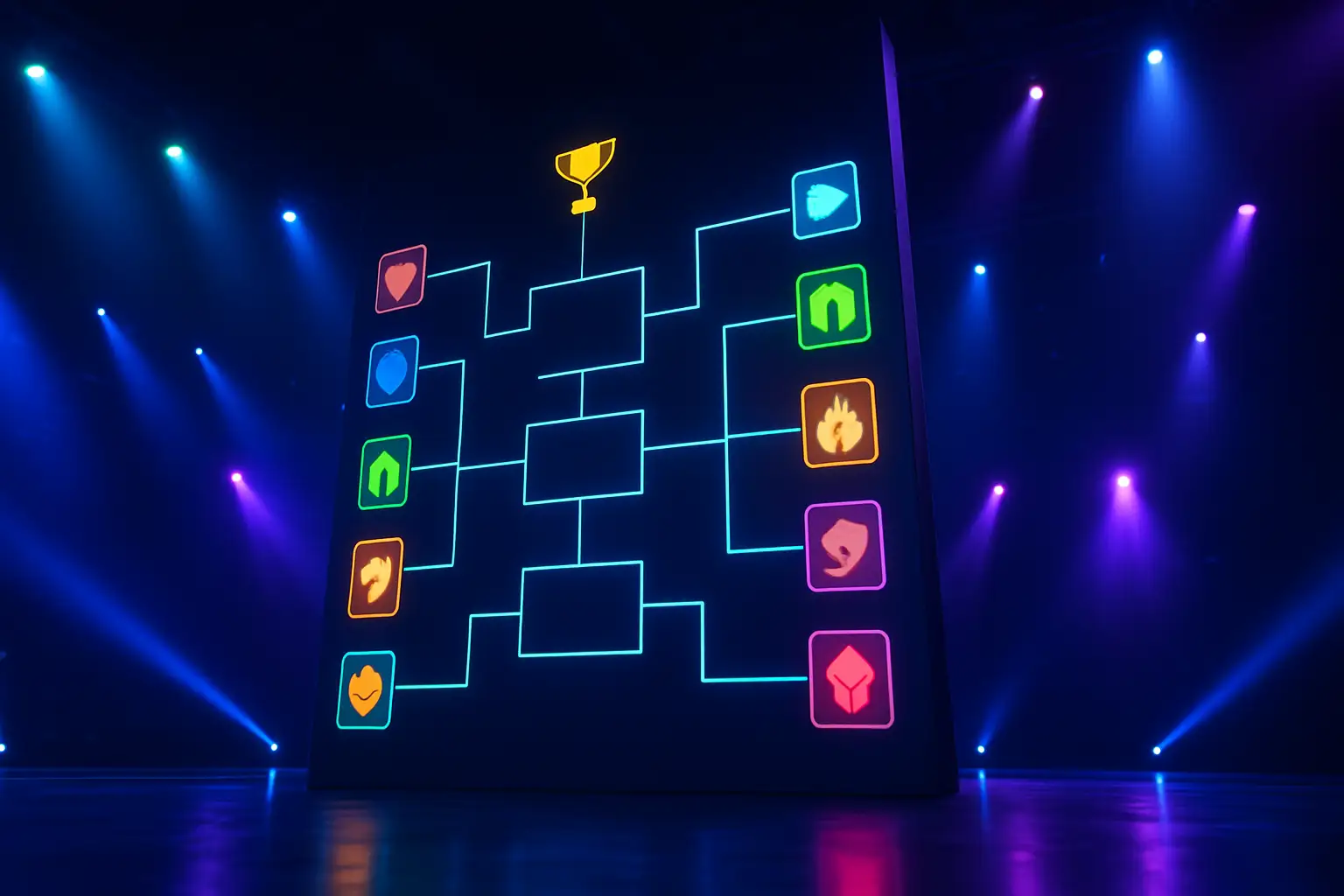 A glowing esports tournament bracket display with team icons and prediction markers