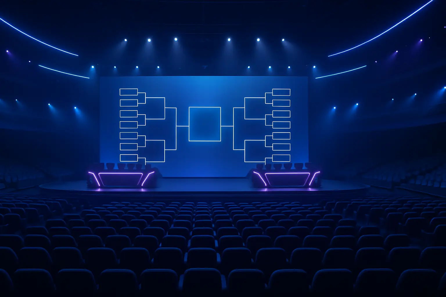 A glowing digital bracket display showing tournament matchups at a League of Legends esports event