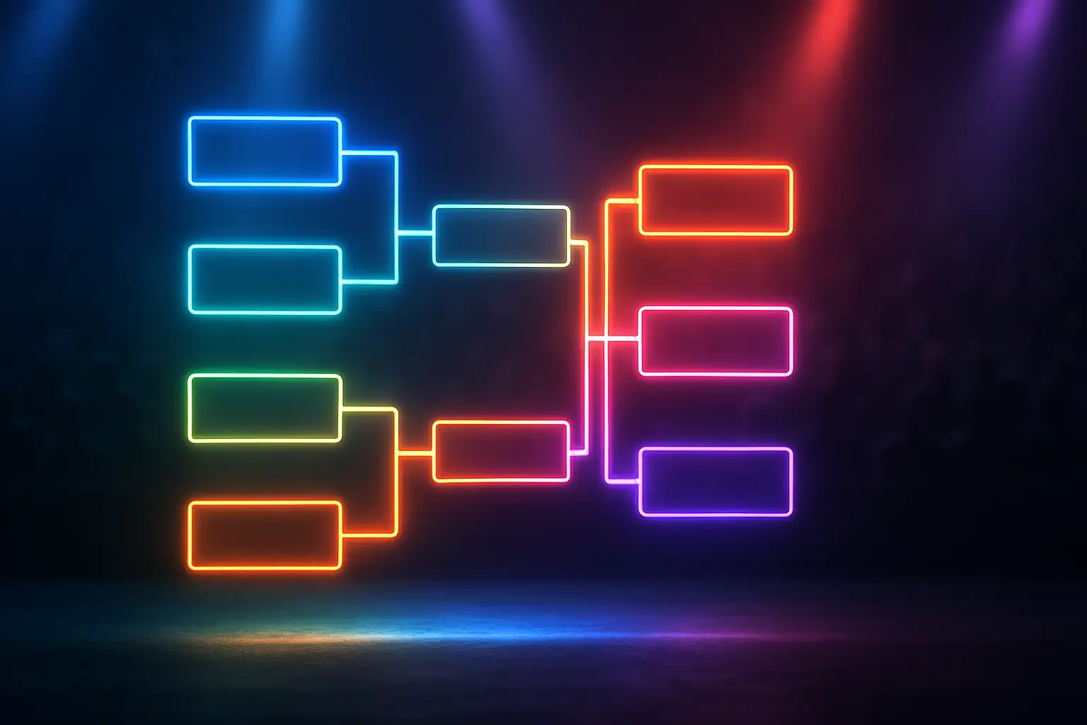Glowing digital bracket display showing esports tournament knockout stage predictions
